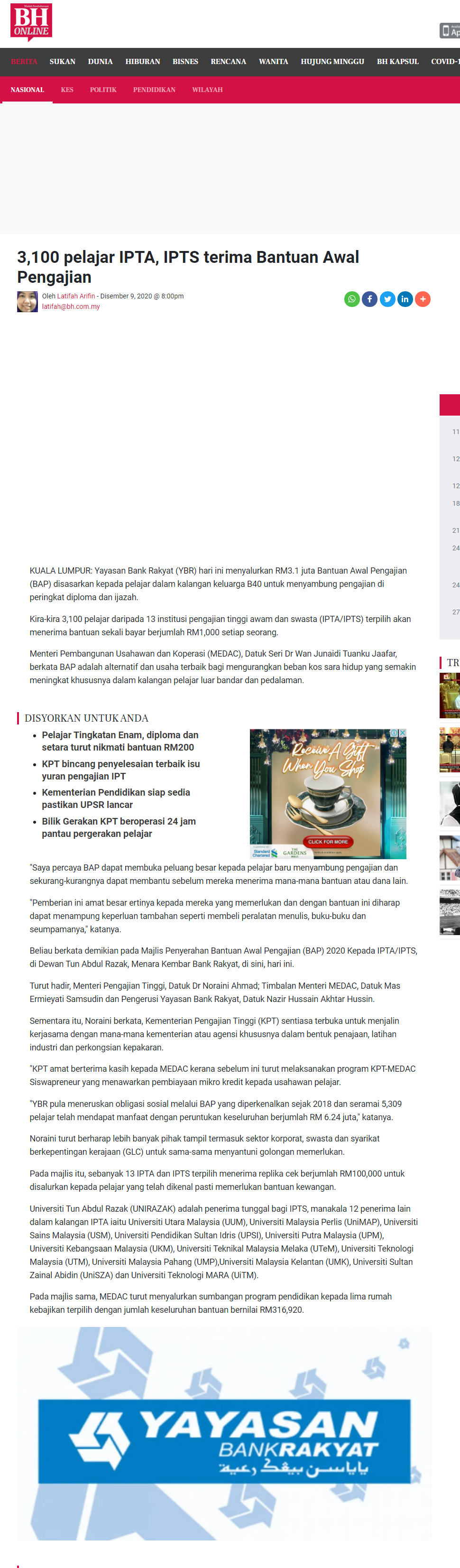 3,100 pelajar IPTA, IPTS terima Bantuan Awal Pengajian 