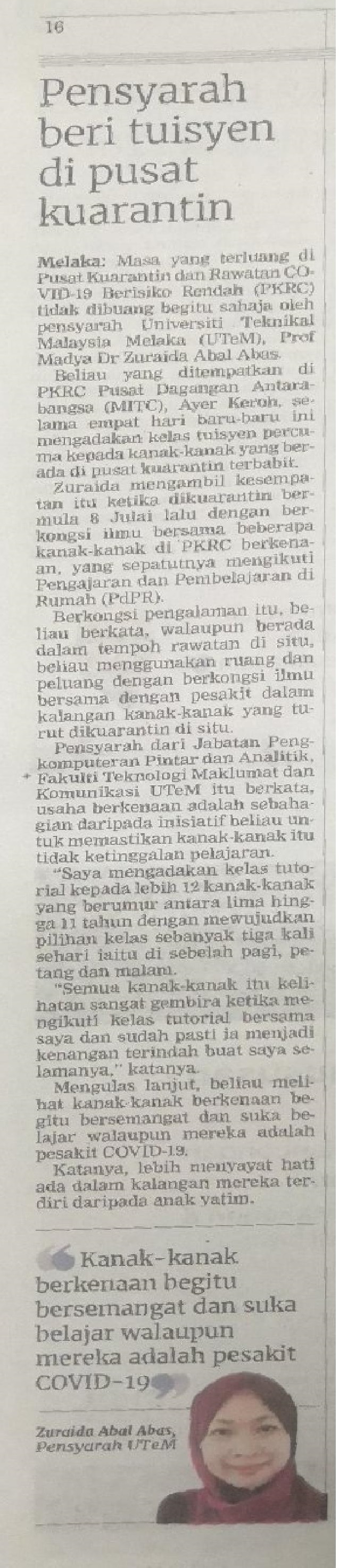 Pensyarah beri tuisyen di Pusat Kuarantin 