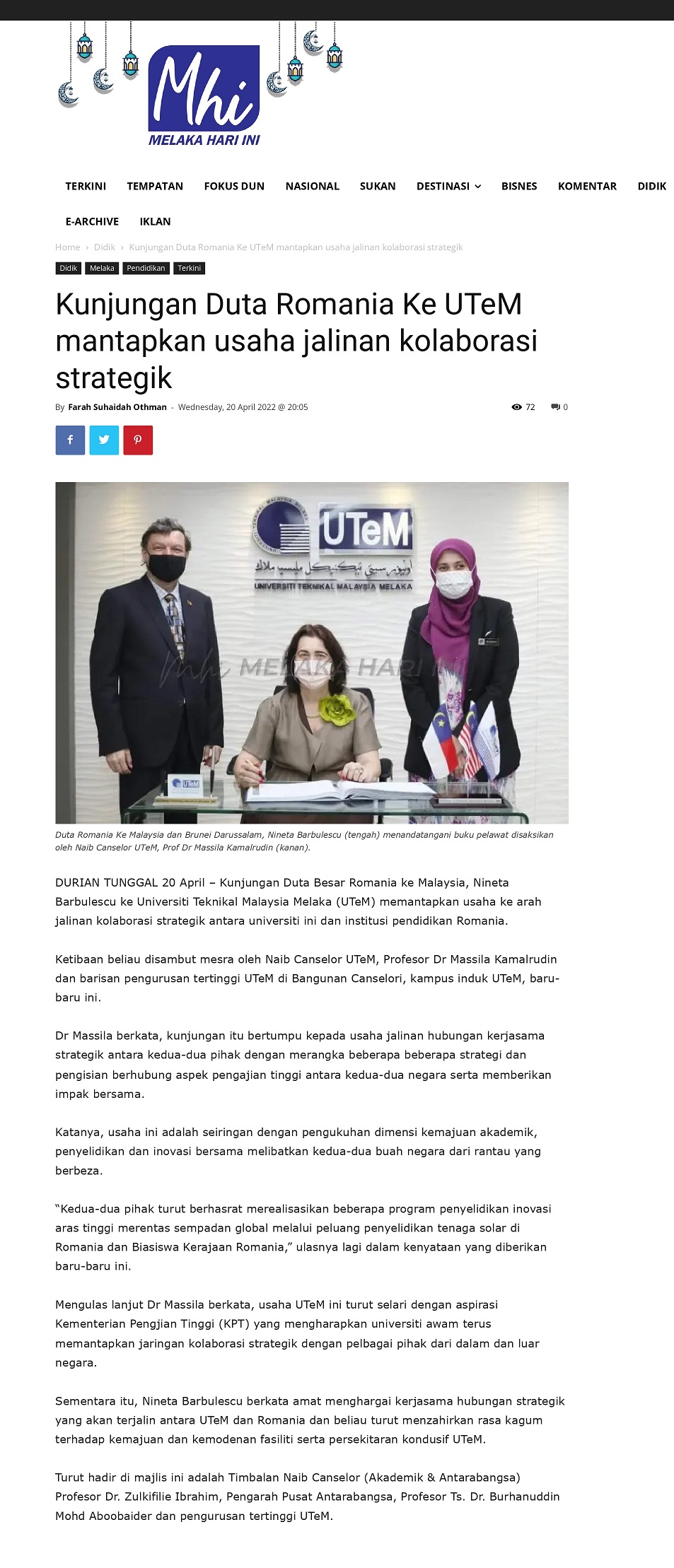 Kunjungan Duta Romania Ke UTeM mantapkan usaha jalinan kolaborasi strategik