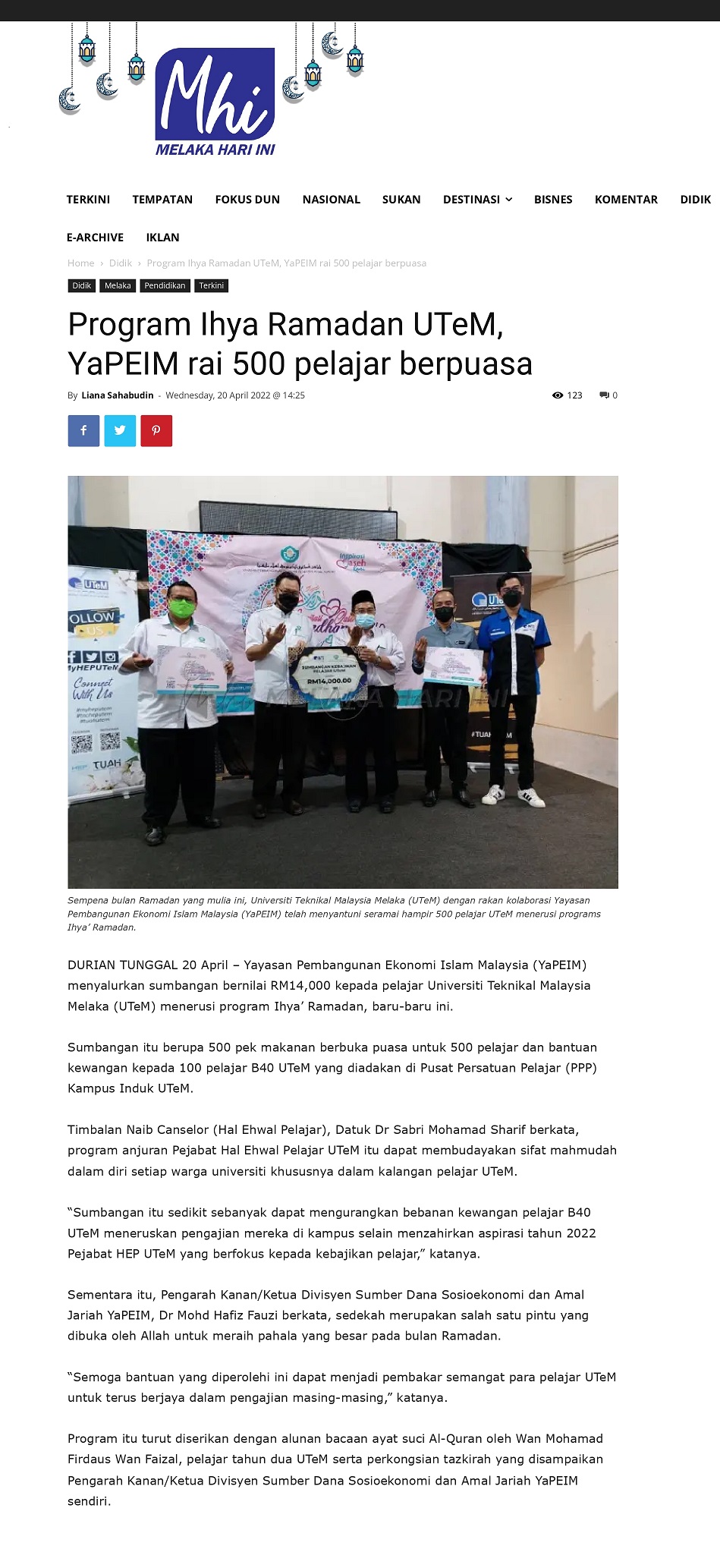 Program Ihya Ramadan UTeM, YaPEIM rai 500 pelajar berpuasa