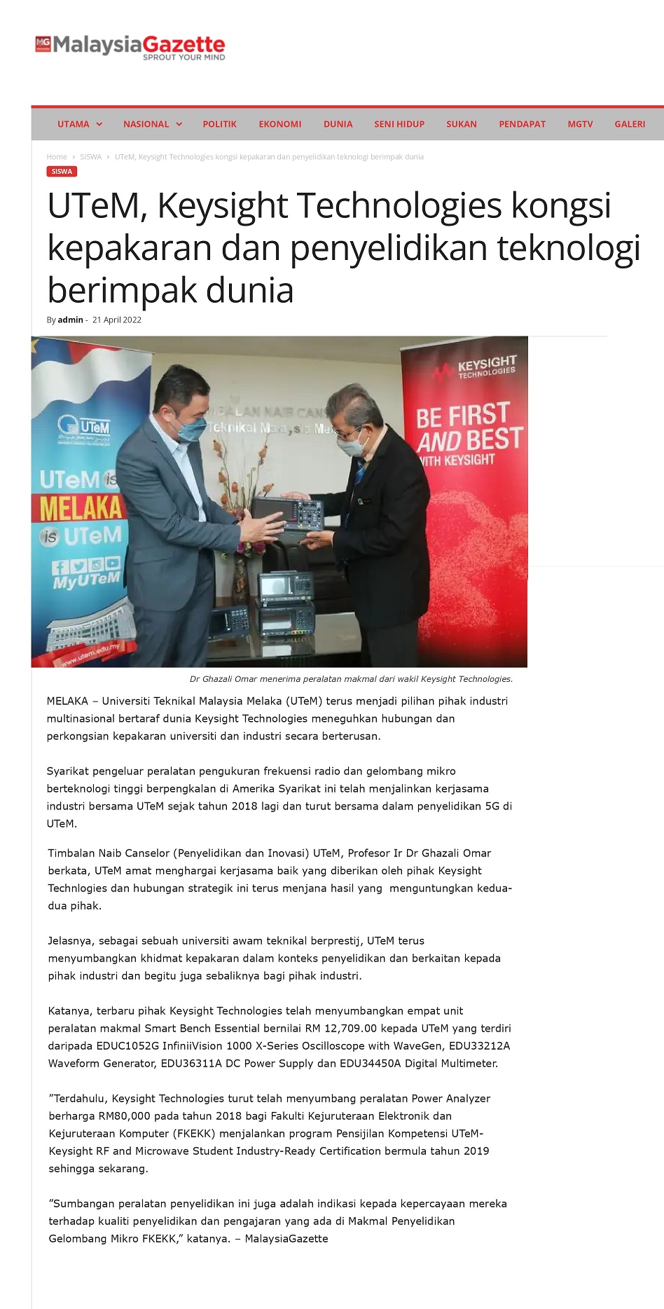 UTeM, Keysight Technologies kongsi kepakaran dan penyelidikan teknologi berimpak dunia