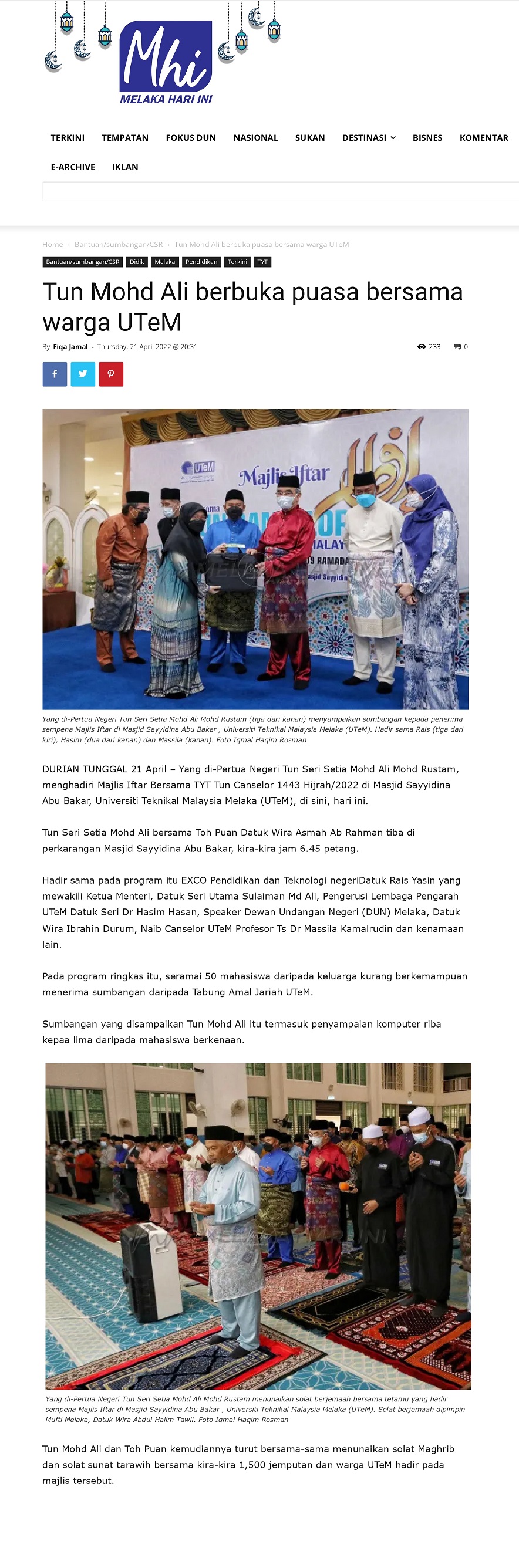 Tun Mohd Ali berbuka puasa bersama warga UTeM