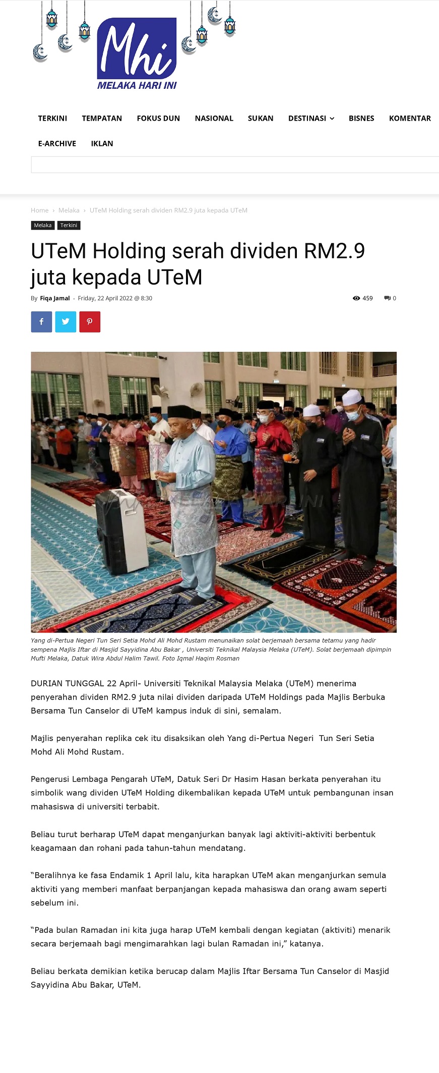 UTeM Holding serah dividen RM2.9 juta kepada UTeM