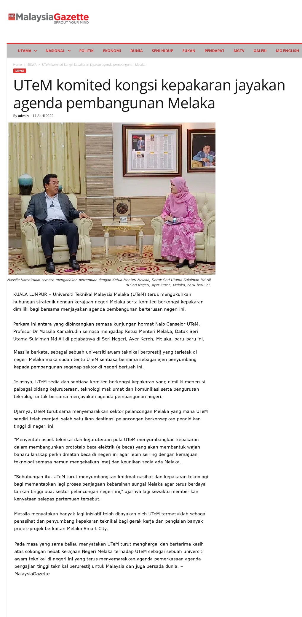 UTeM komited kongsi kepakaran jayakan agenda pembangunan Melaka