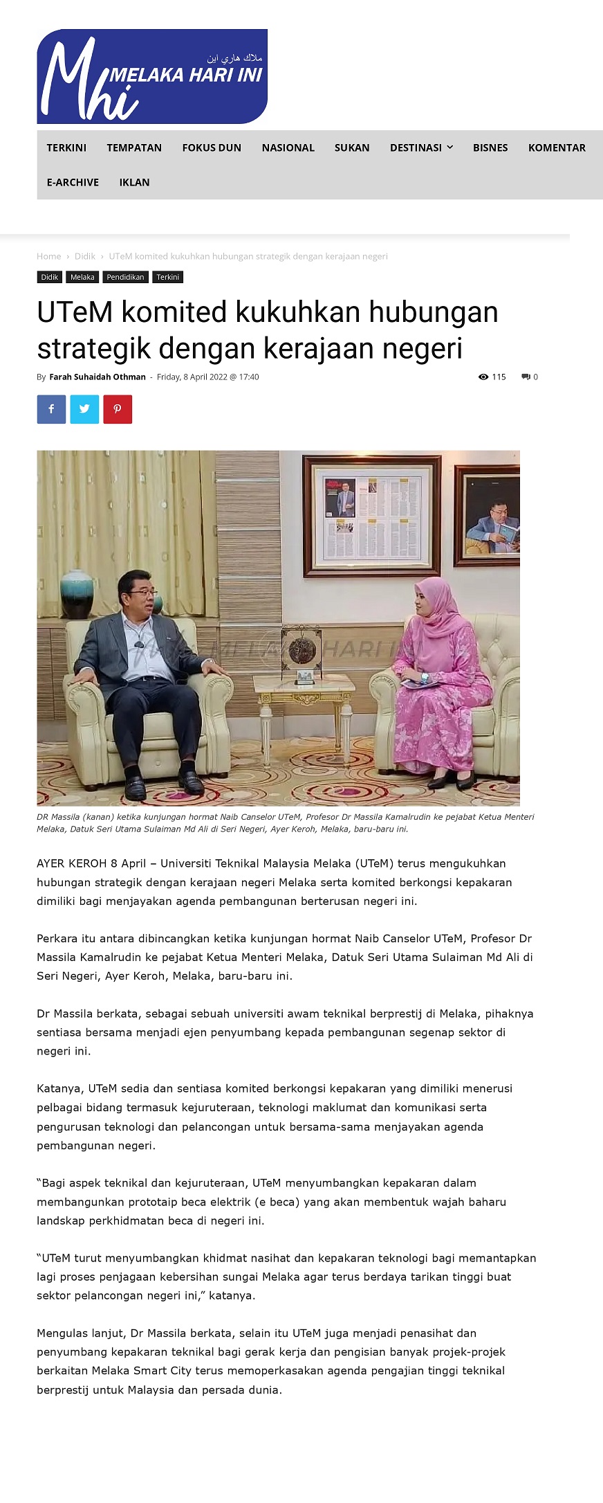 UTeM komited kukuhkan hubungan strategik dengan kerajaan negeri