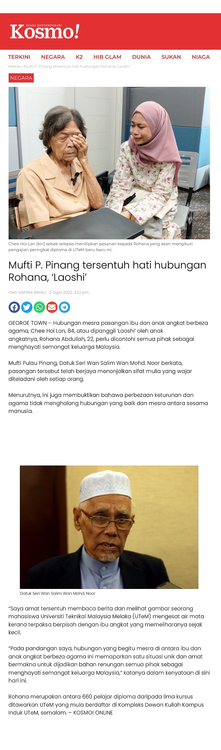 Mufti P. Pinang tersentuh hati hubungan Rohana, ‘Laoshi’