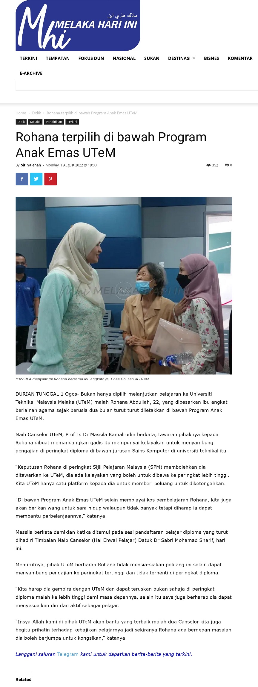 Rohana terpilih di bawah Program Anak Emas UTeM