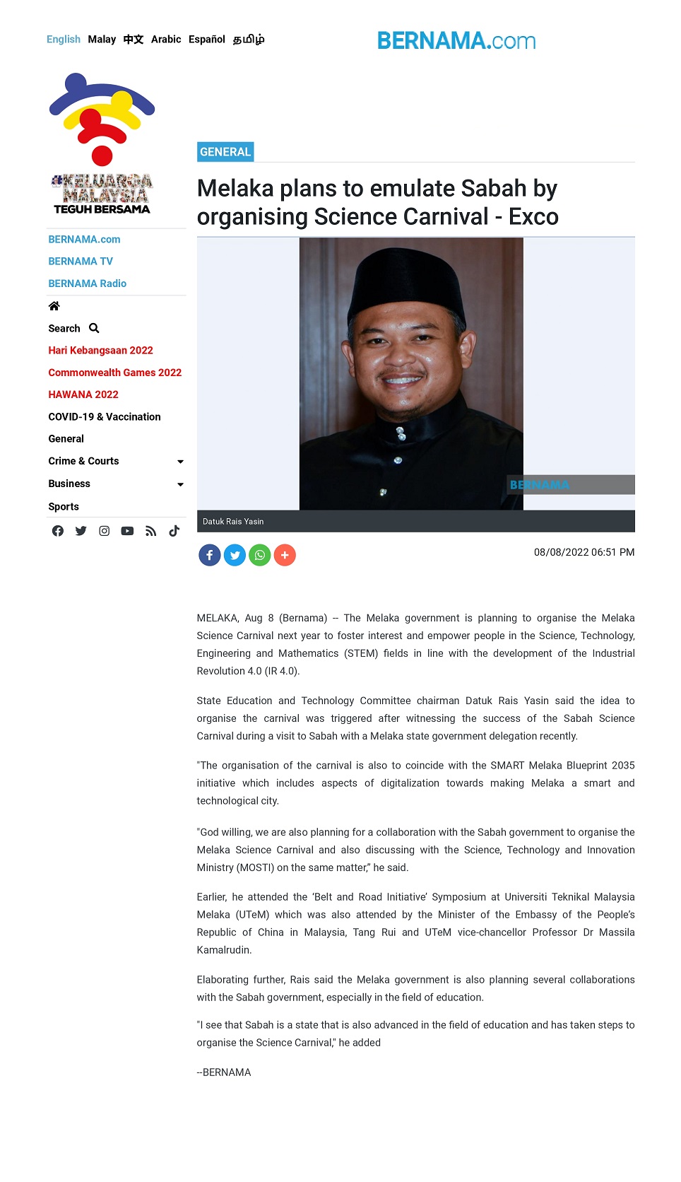 Melaka plans to emulate Sabah by organising Science Carnival – Exco