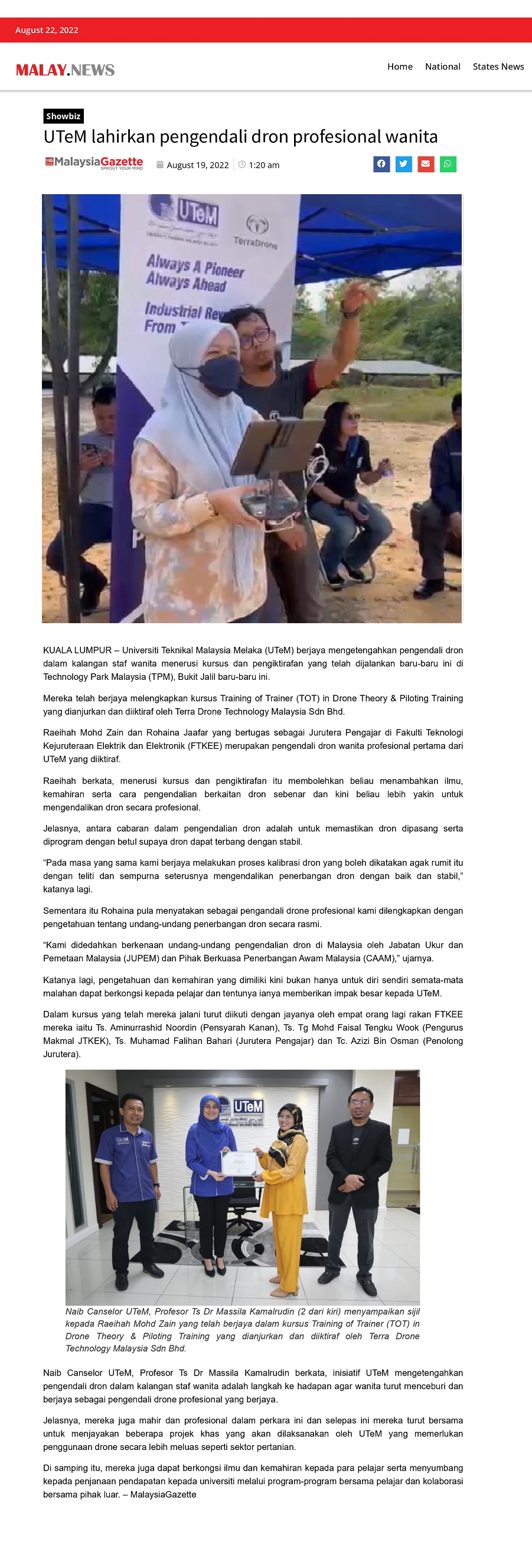 UTeM lahirkan pengendali dron profesional wanita