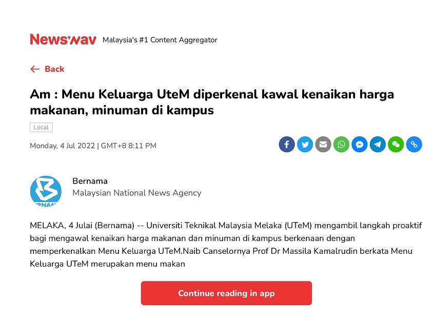 Menu Keluarga UTeM bantu penuntut