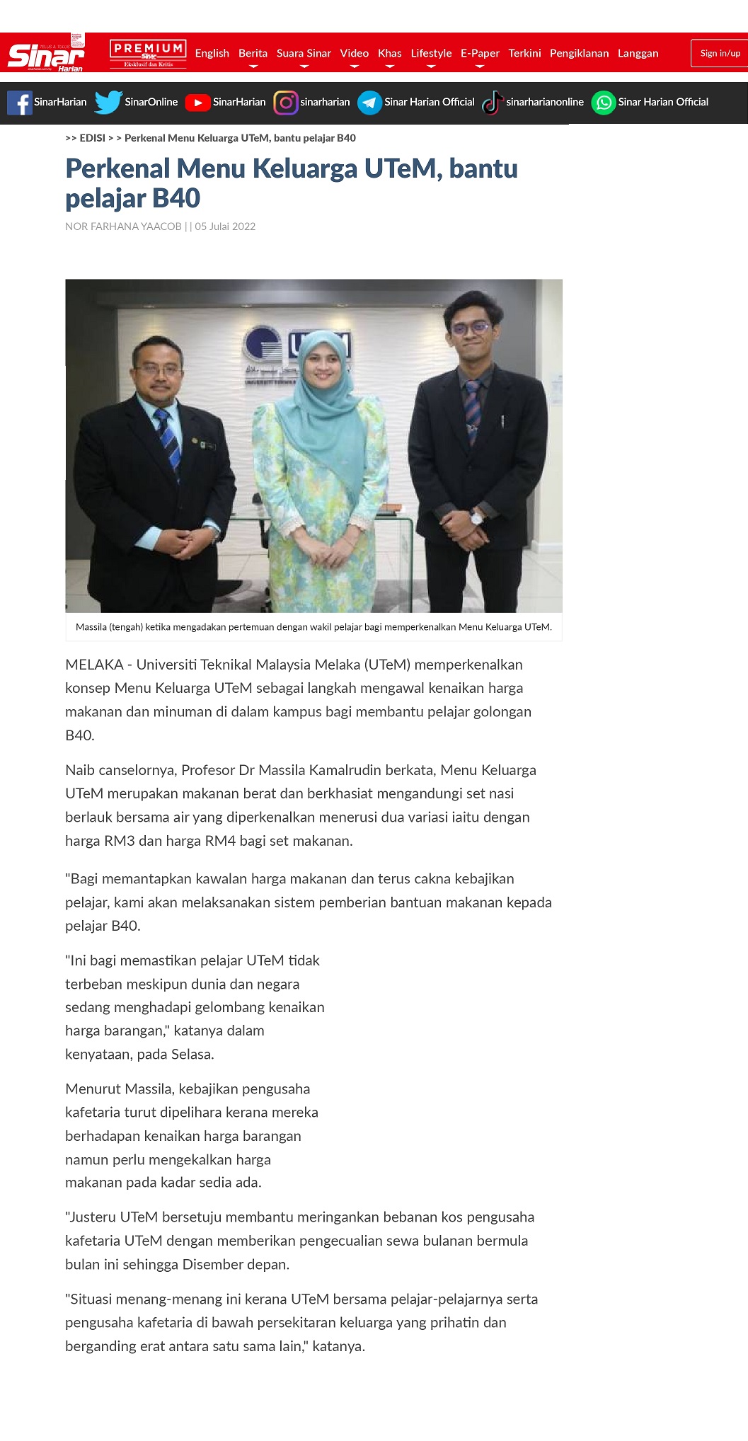 Perkenal Menu Keluarga UTeM, bantu pelajar B40