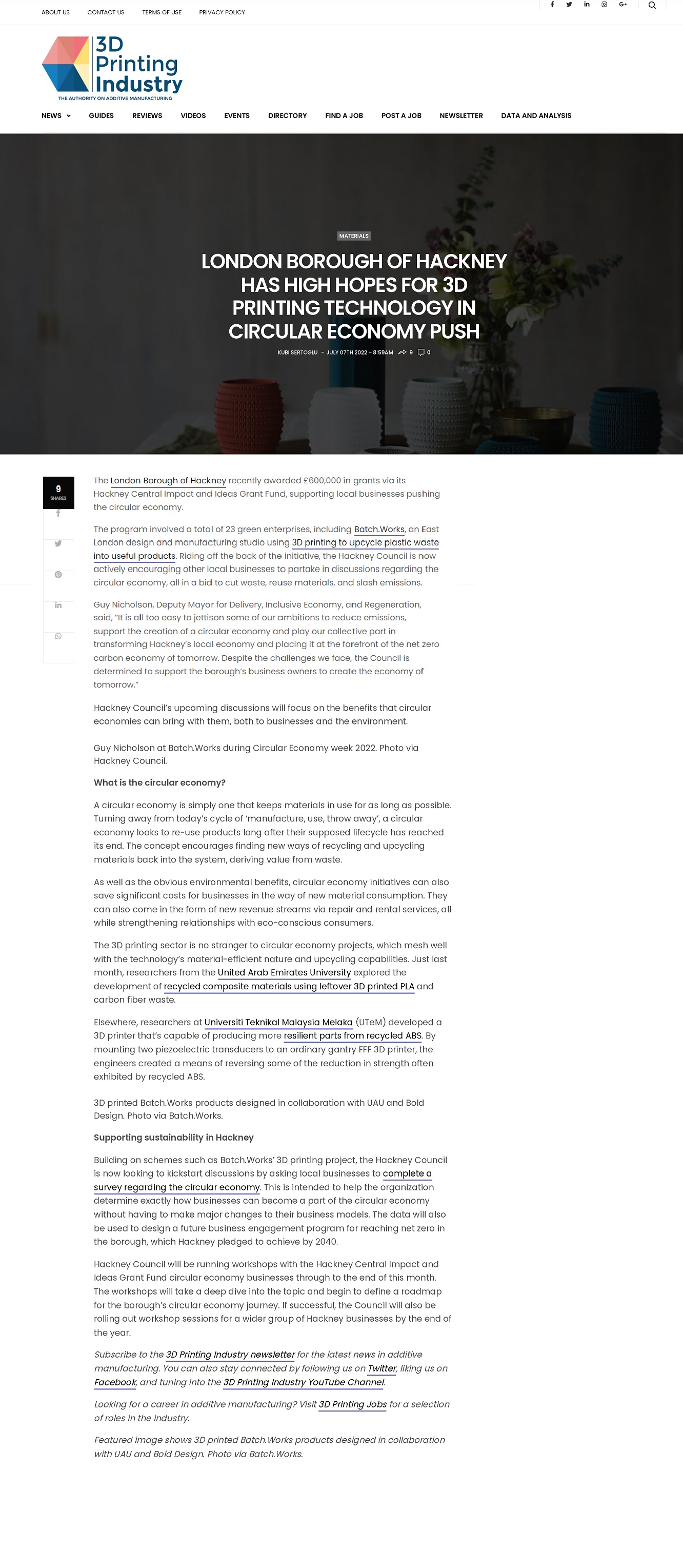 LONDON BOROUGH OF HACKNEY HAS HIGH HOPES FOR 3D PRINTING TECHNOLOGY IN CIRCULAR ECONOMY PUSH