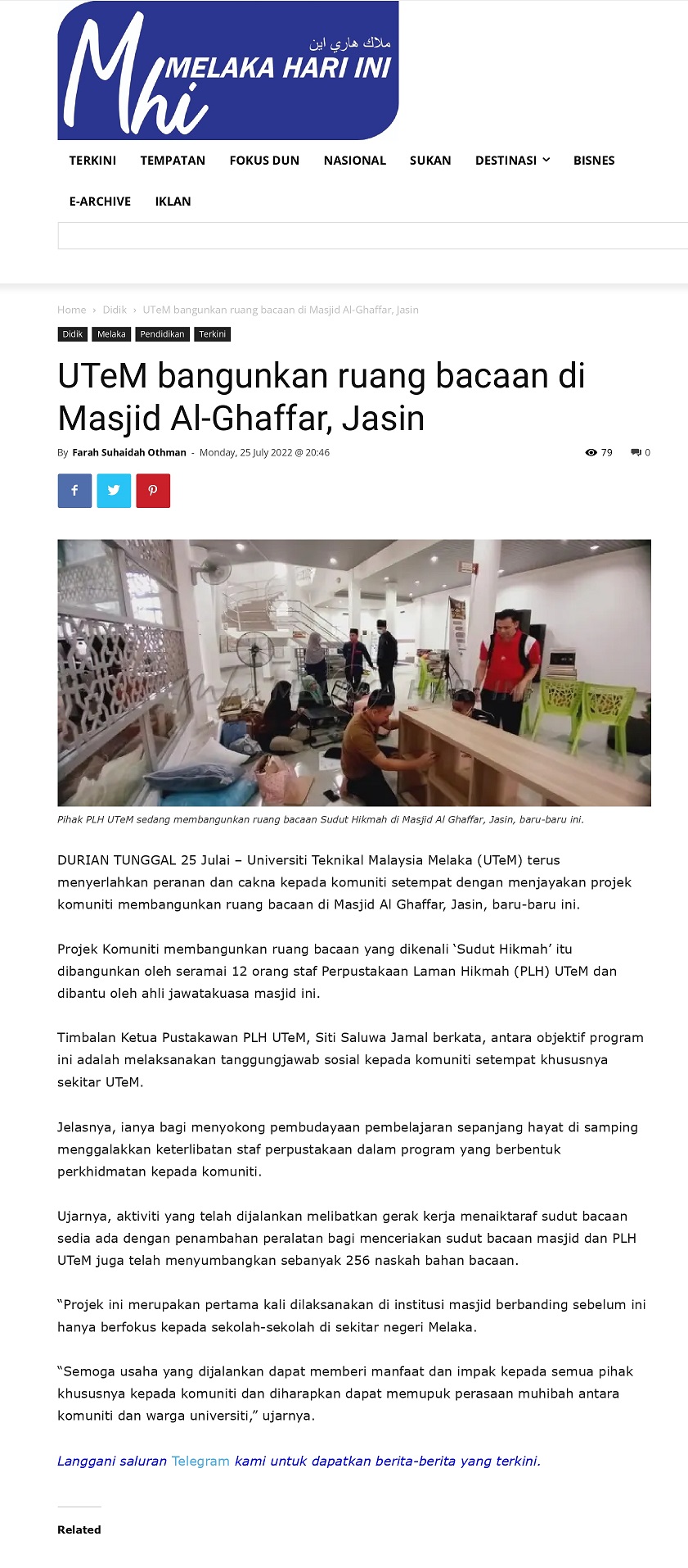 UTeM bangunkan ruang bacaan di Masjid Al-Ghaffar, Jasin