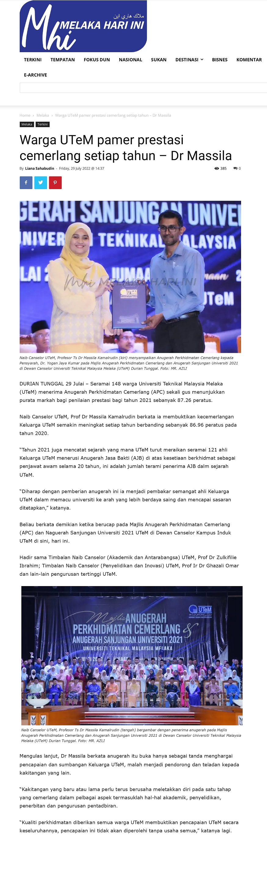 Warga UTeM pamer prestasi cemerlang setiap tahun – Dr Massila