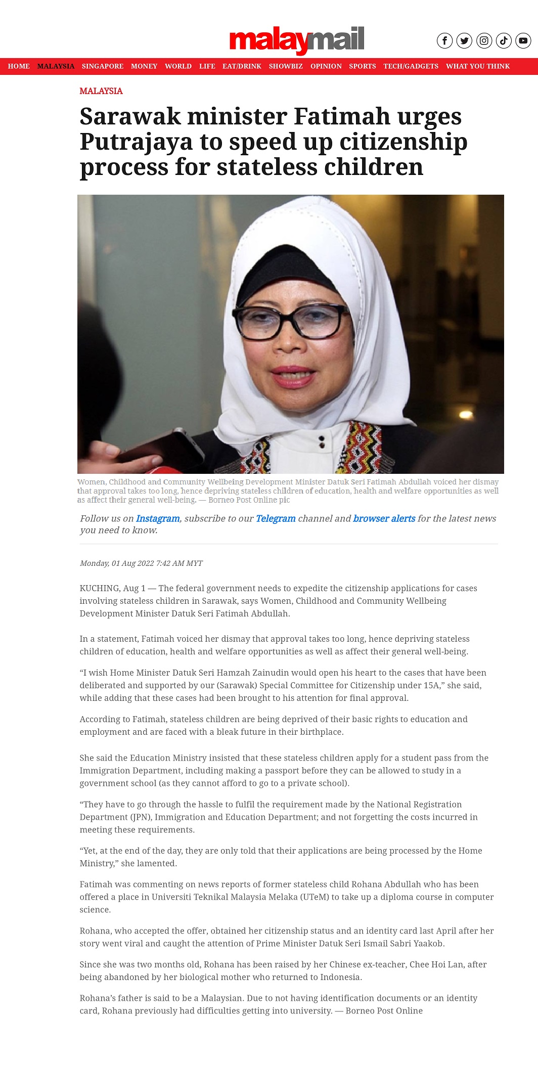 Sarawak minister Fatimah urges Putrajaya to speed up citizenship process for stateless children
