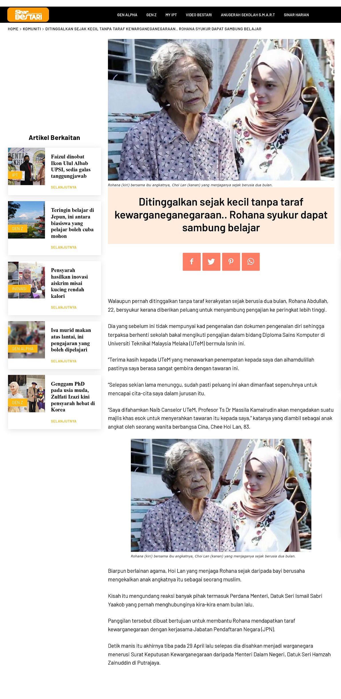 Ditinggalkan sejak kecil tanpa taraf kewarganeganegaraan.. Rohana syukur dapat sambung belajar