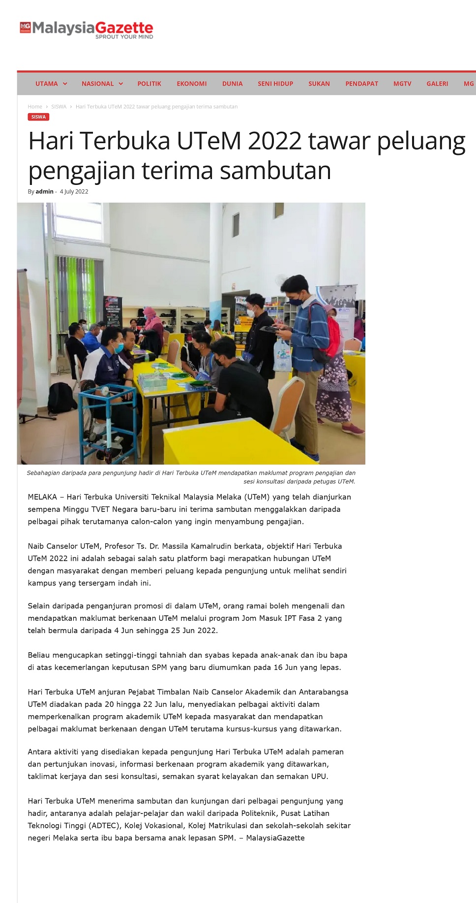 Hari Terbuka UTeM 2022 tawar peluang pengajian terima sambutan