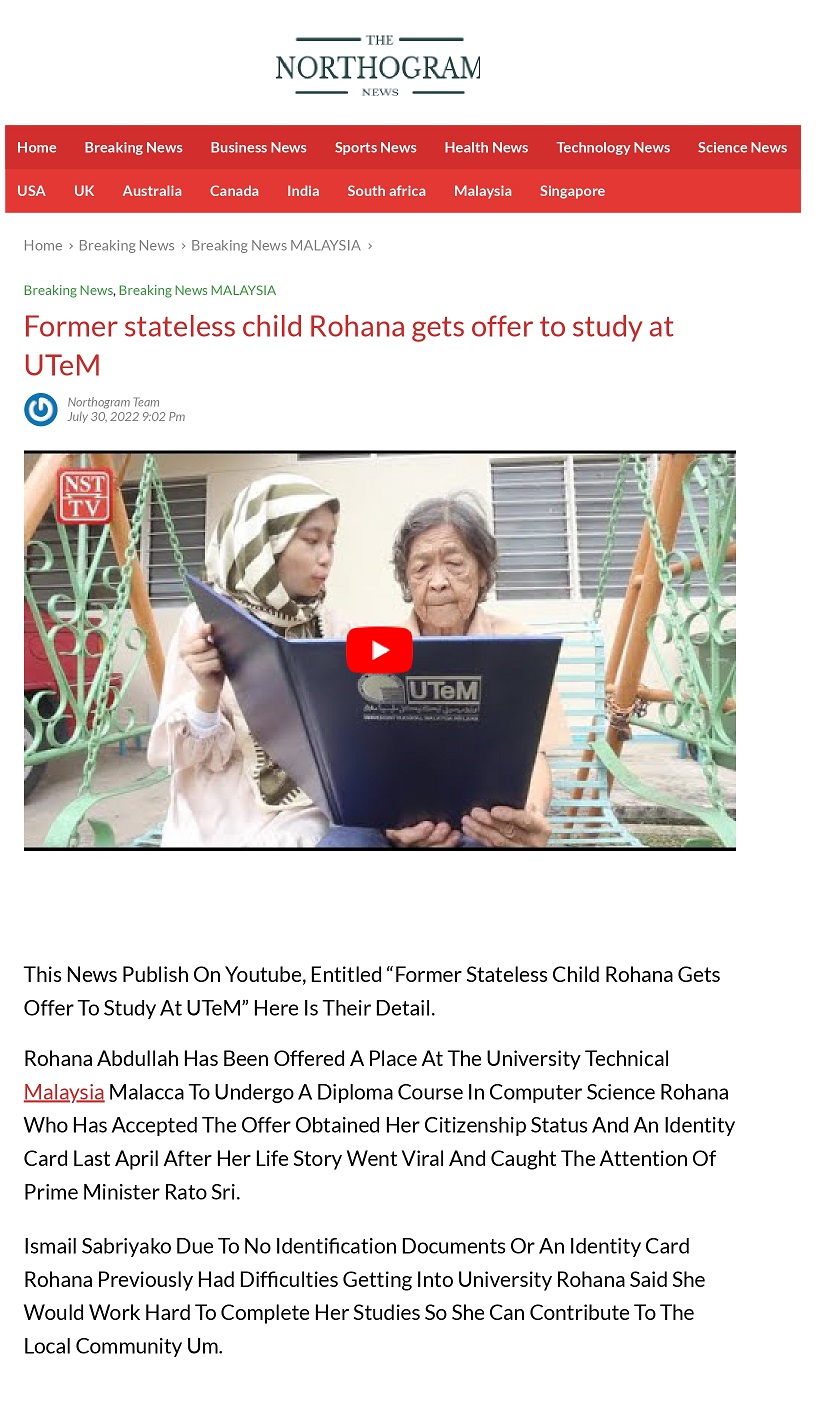 Former stateless child Rohana gets offer to study at UTeM