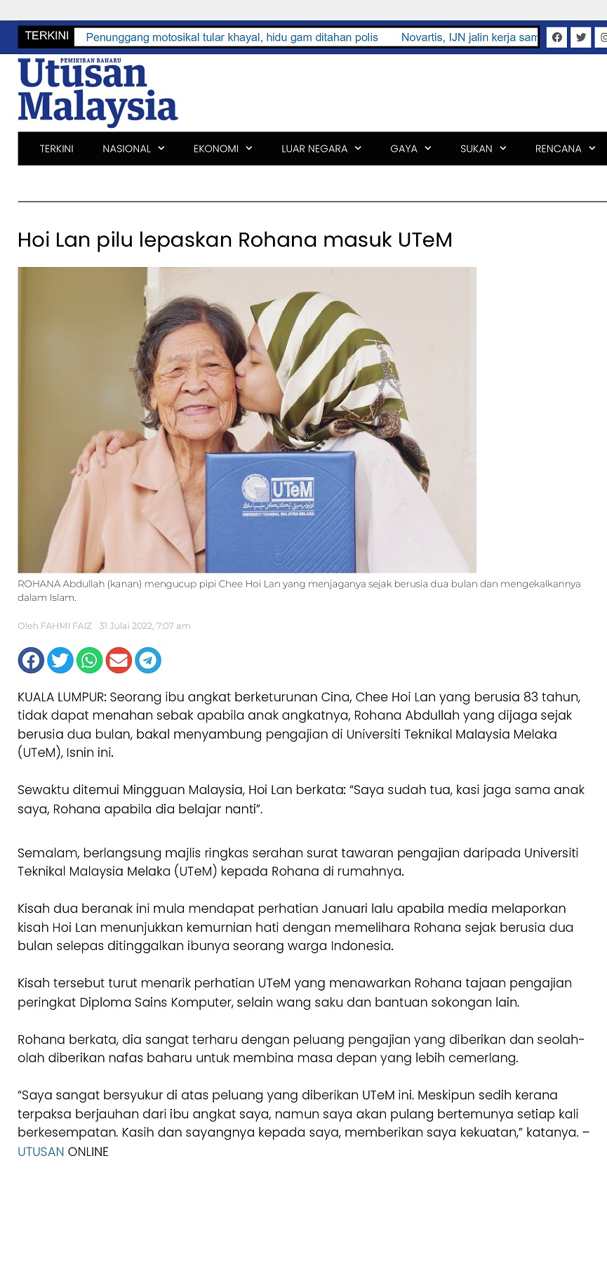 Hoi Lan pilu lepaskan Rohana masuk UTeM