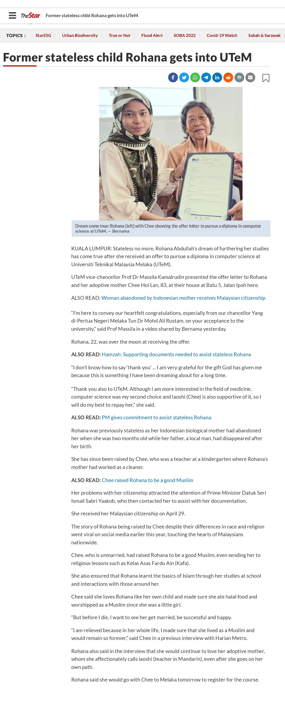 Former stateless child Rohana gets into UTeM