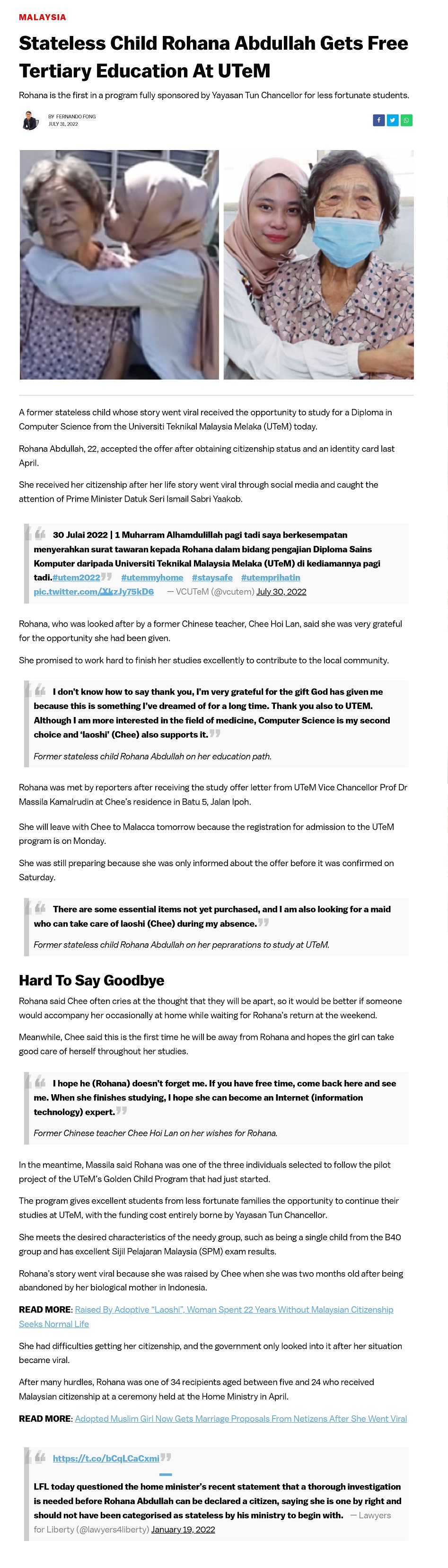 Stateless Child Rohana Abdullah Gets Free Tertiary Education At UTeM