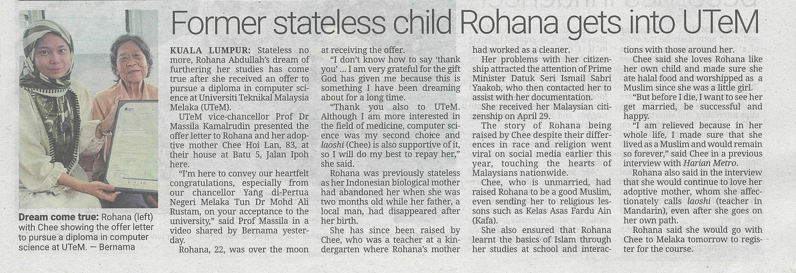 Former stateless child Rohana gets into UTeM 