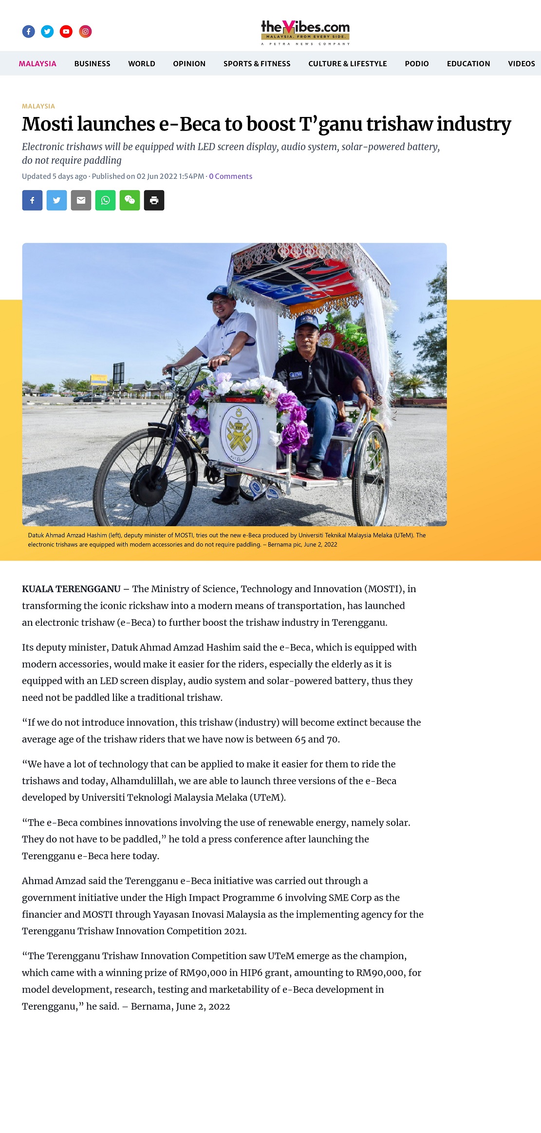 Mosti launches e-Beca to boost T’ganu trishaw industry