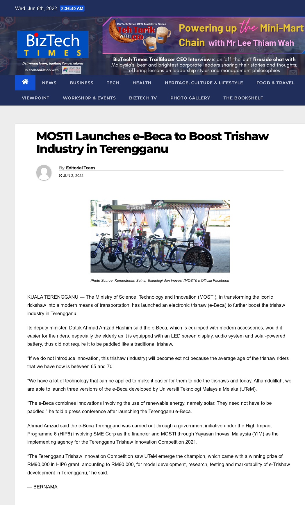 MOSTI Launches e-Beca to Boost Trishaw Industry in Terengganu