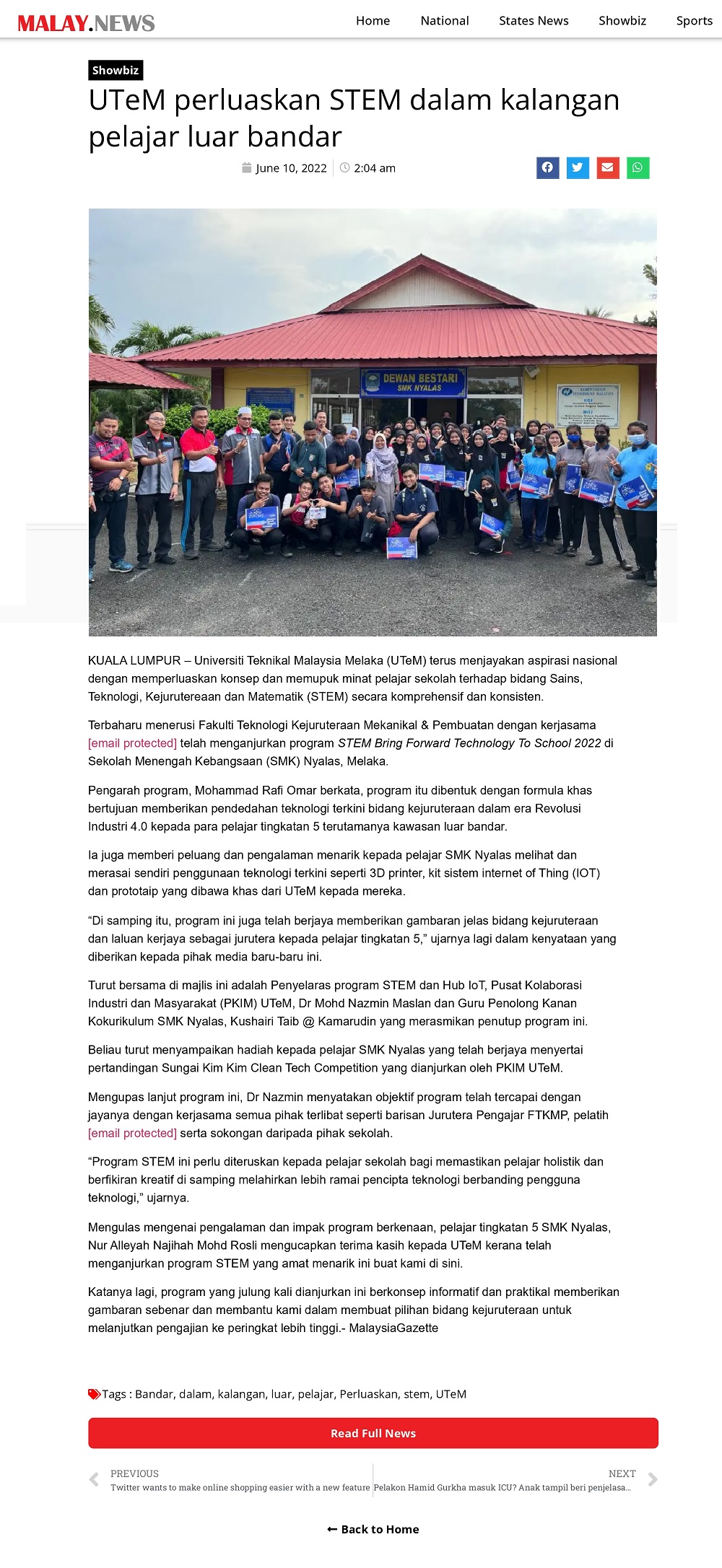 UTeM perluan STEM dalam kalangan pelajar luar bandar