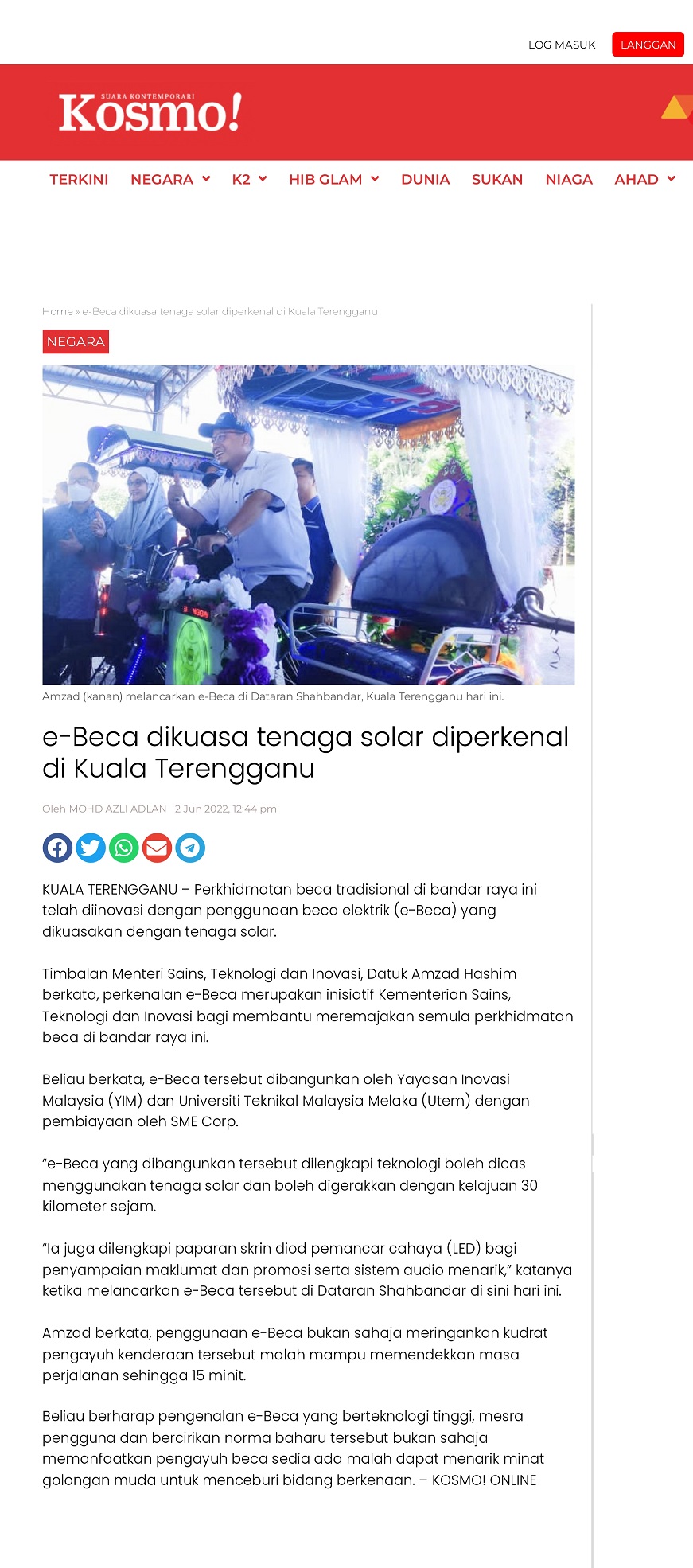 e-Beca dikuasa tenaga solar diperkenal di Kuala Terengganu