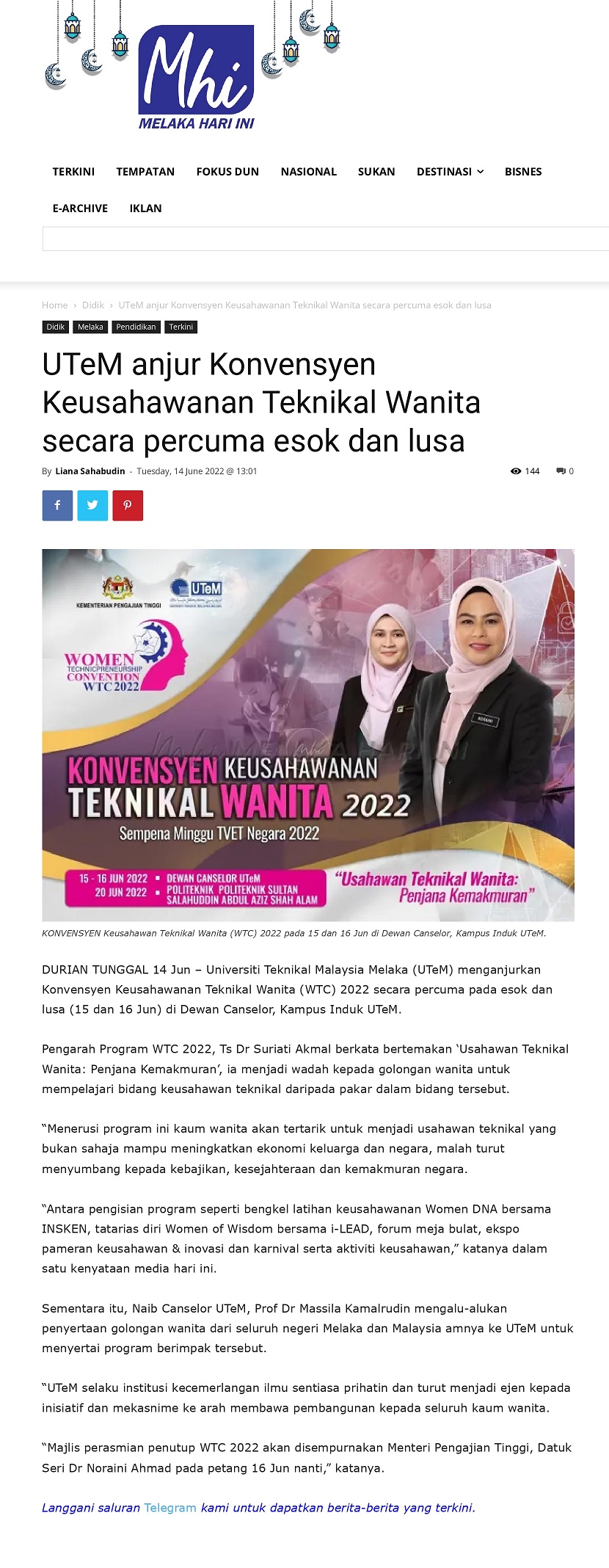 UTeM anjur Konvensyen Keusahawanan Teknikal Wanita secara percuma esok dan lusa
