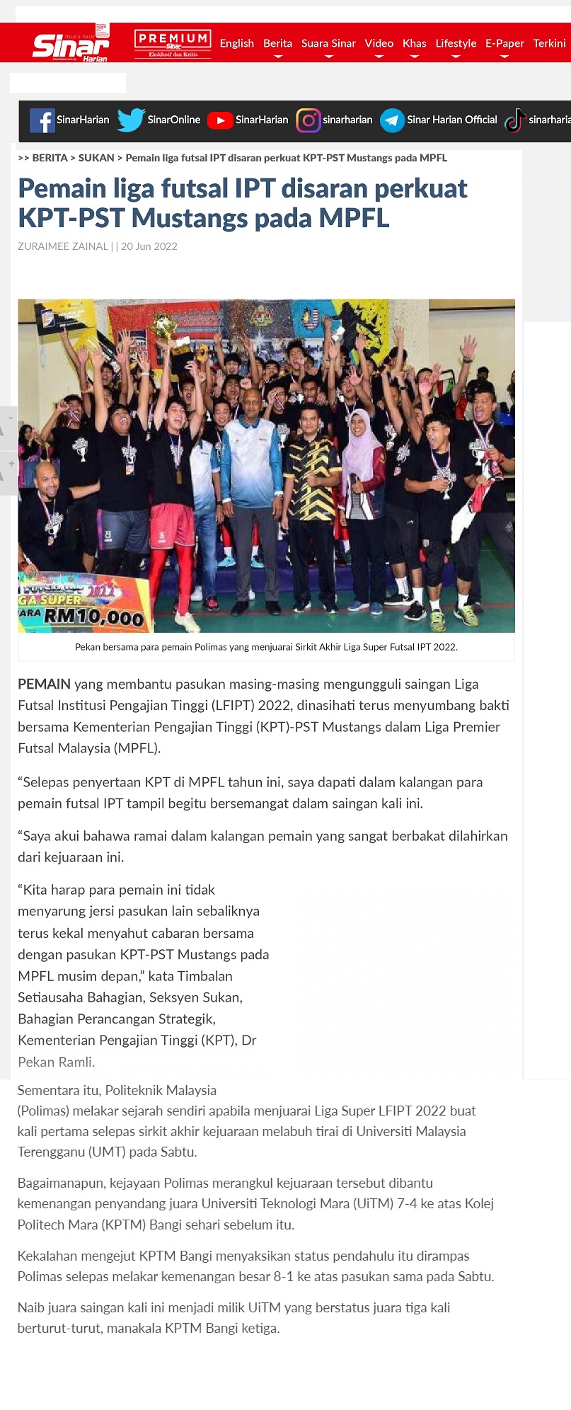 Pemain liga futsal IPT disaran perkuat KPT-PST Mustangs pada MPFL