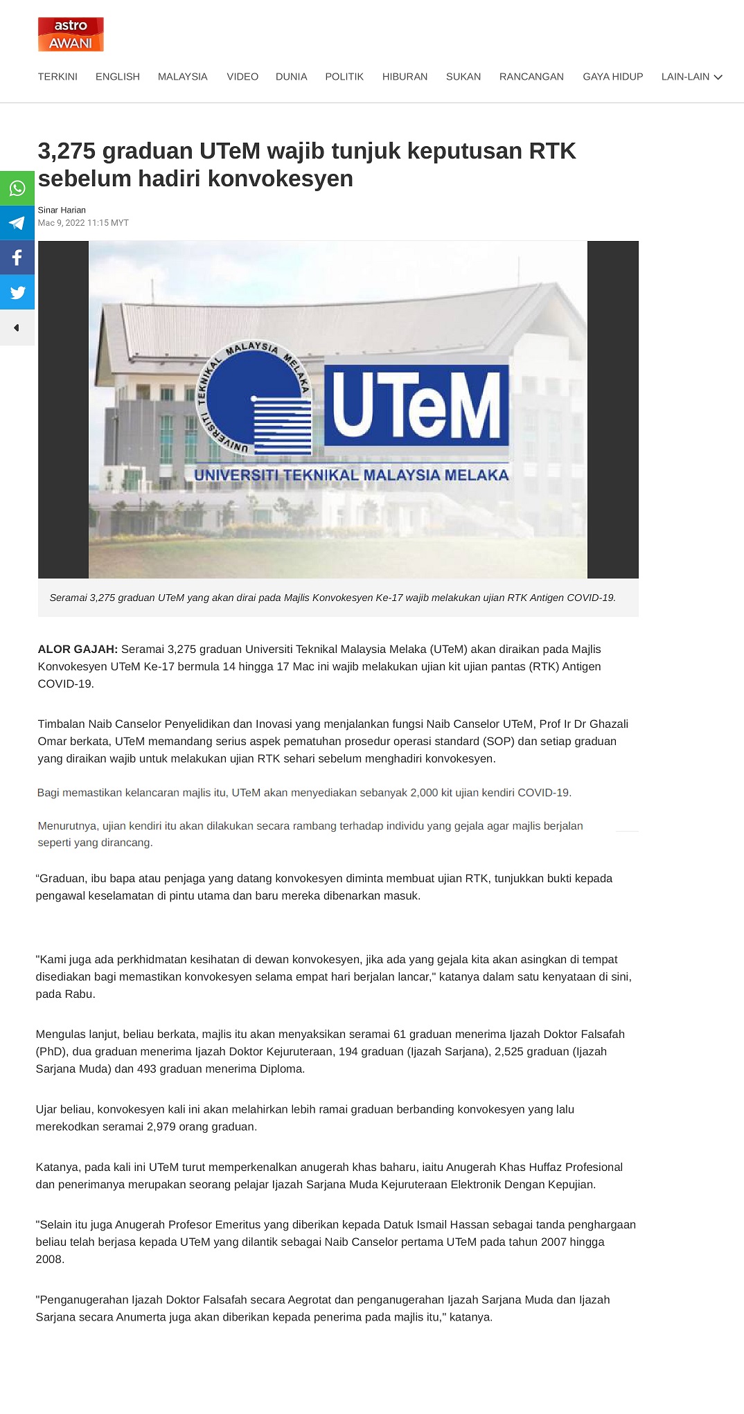 3,275 graduan UTeM wajib tunjuk keputusan RTK sebelum hadiri konvokesyen