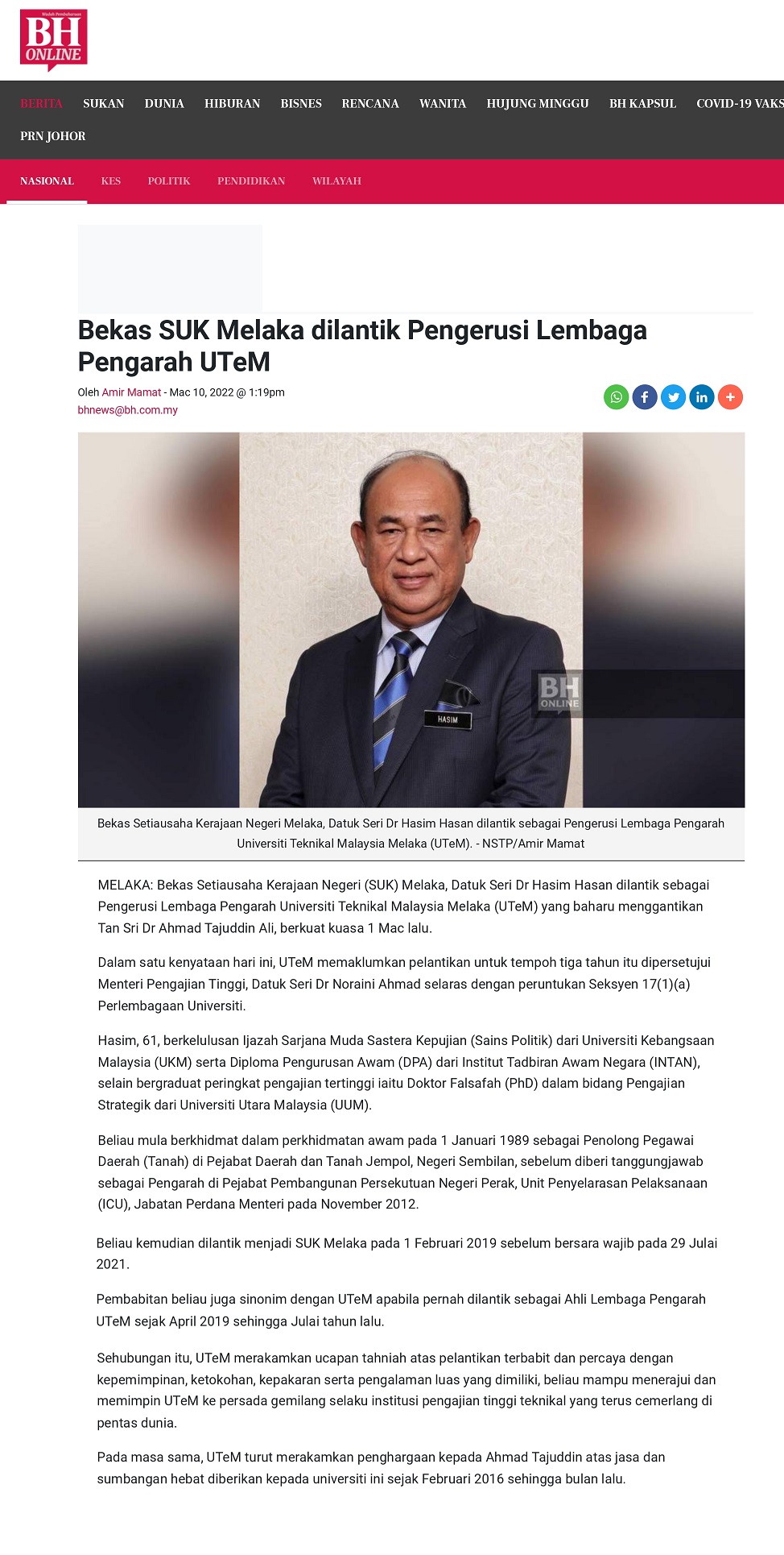 Bekas SUK Melaka dilantik Pengerusi Lembaga Pengarah UTeM