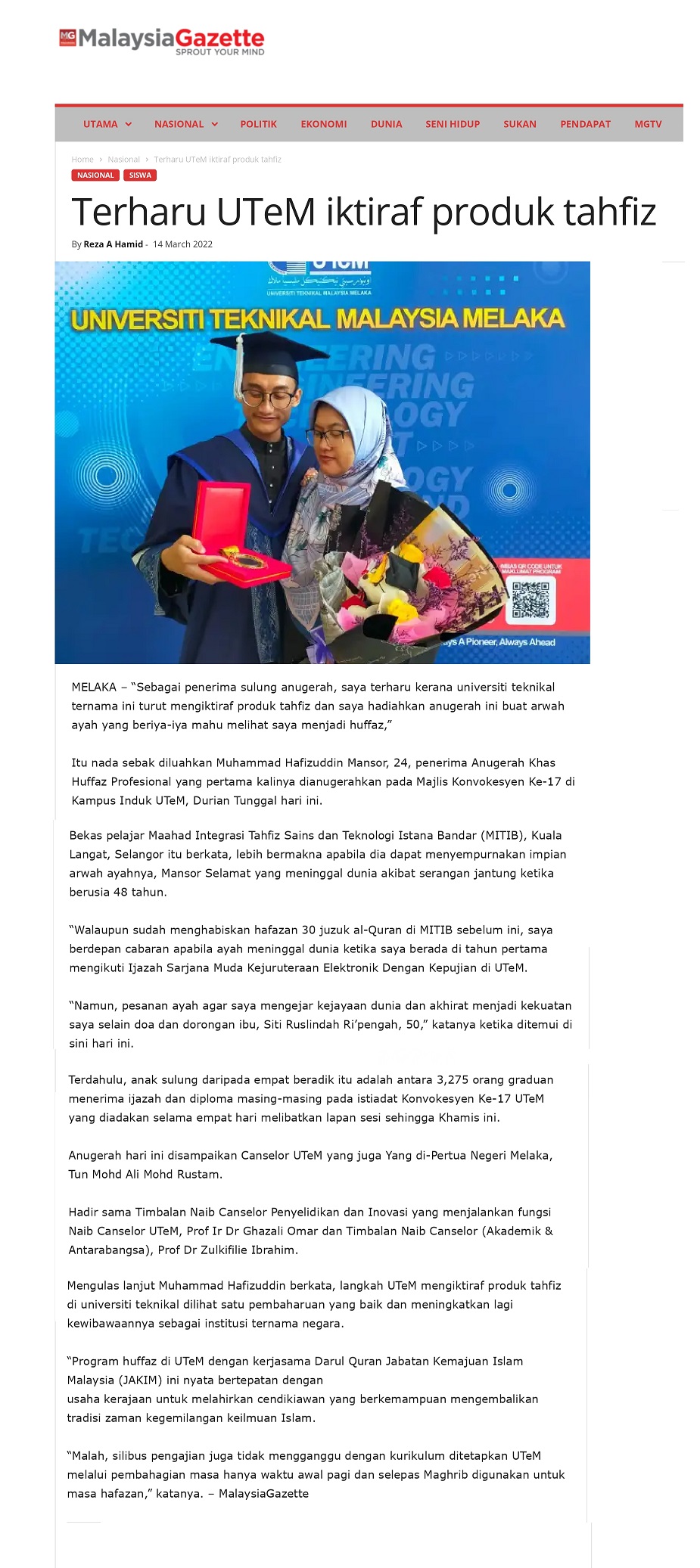 Terharu UTeM iktiraf produk tahfiz