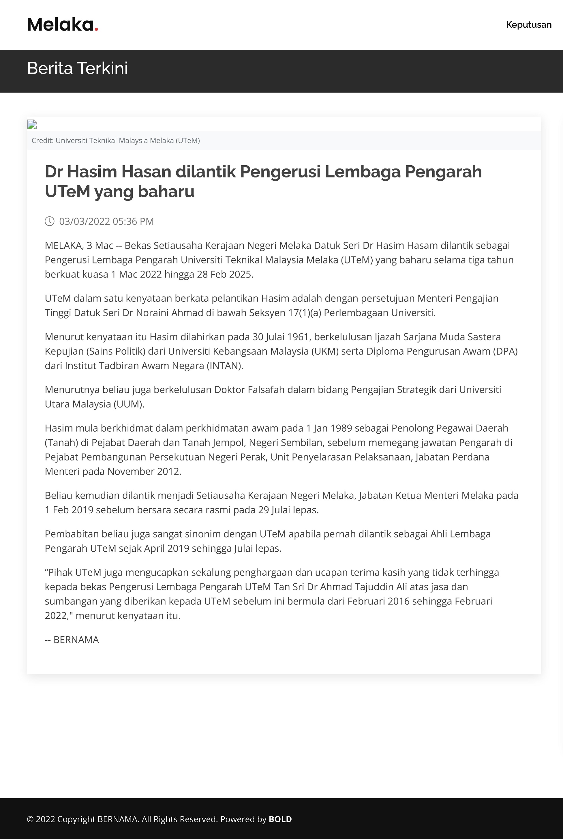 Dr Hasim Hasan dilantik Pengerusi Lembaga Pengarah UTeM yang baharu