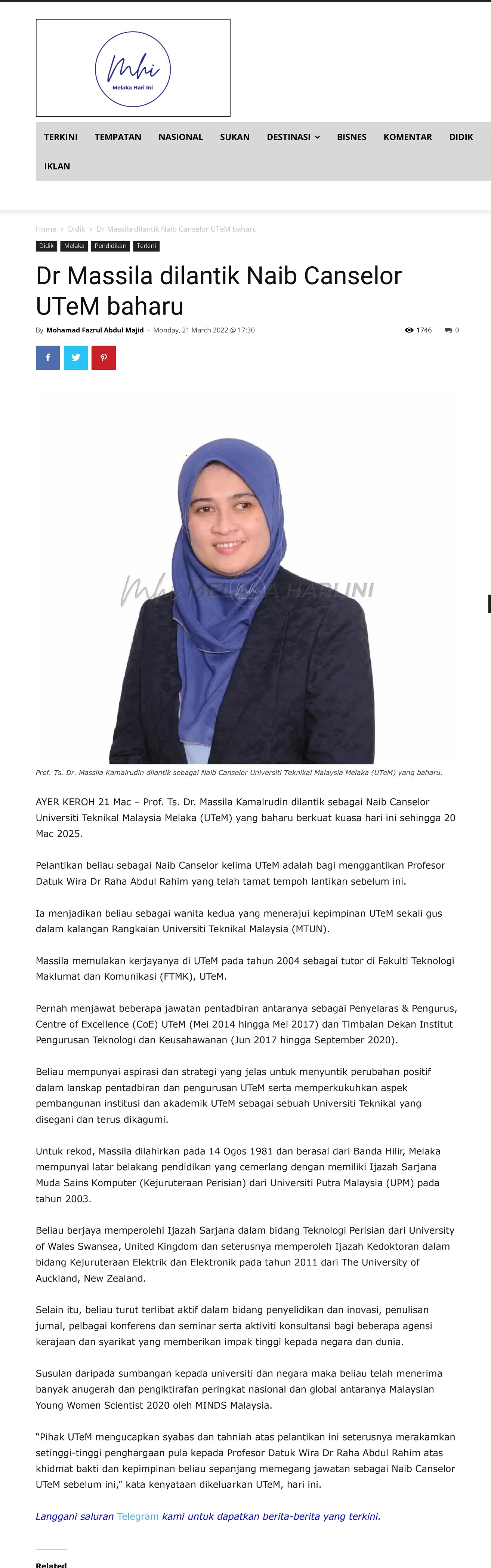 Dr Massila dilantik Naib Canselor UTeM baharu