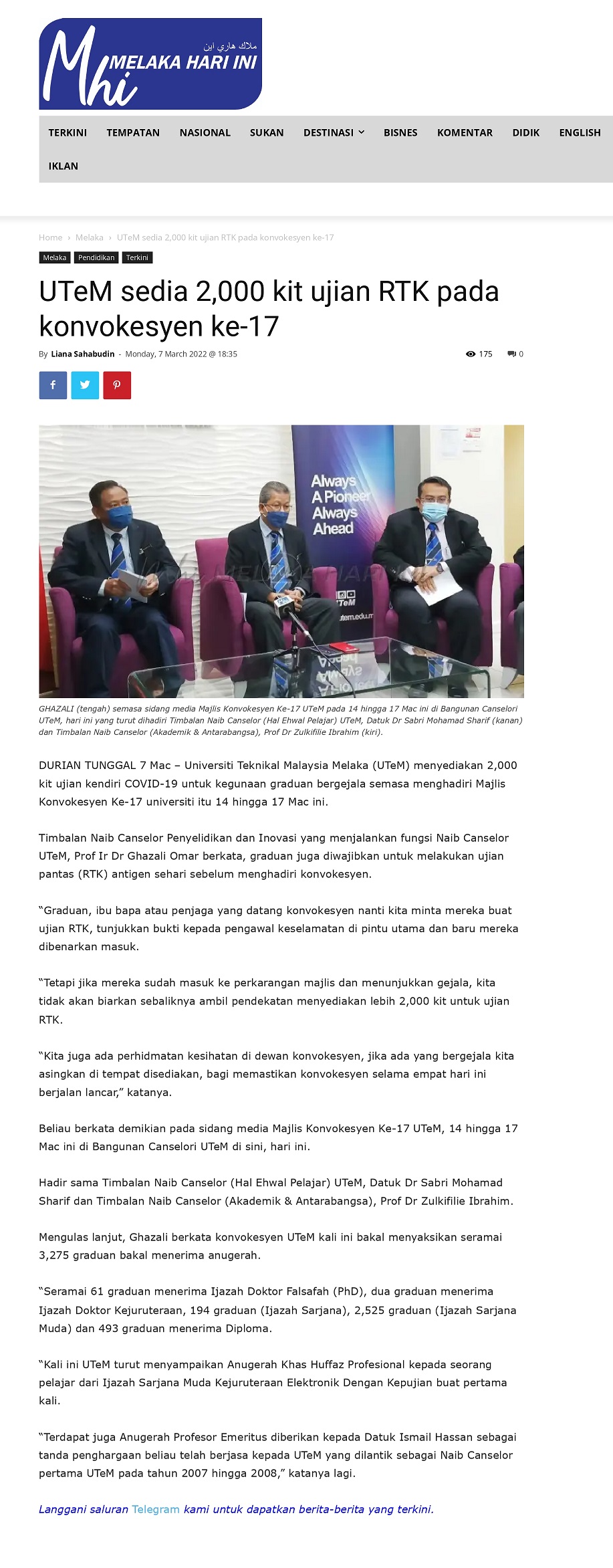 UTeM sedia 2,000 kit ujian RTK pada konvokesyen ke-17