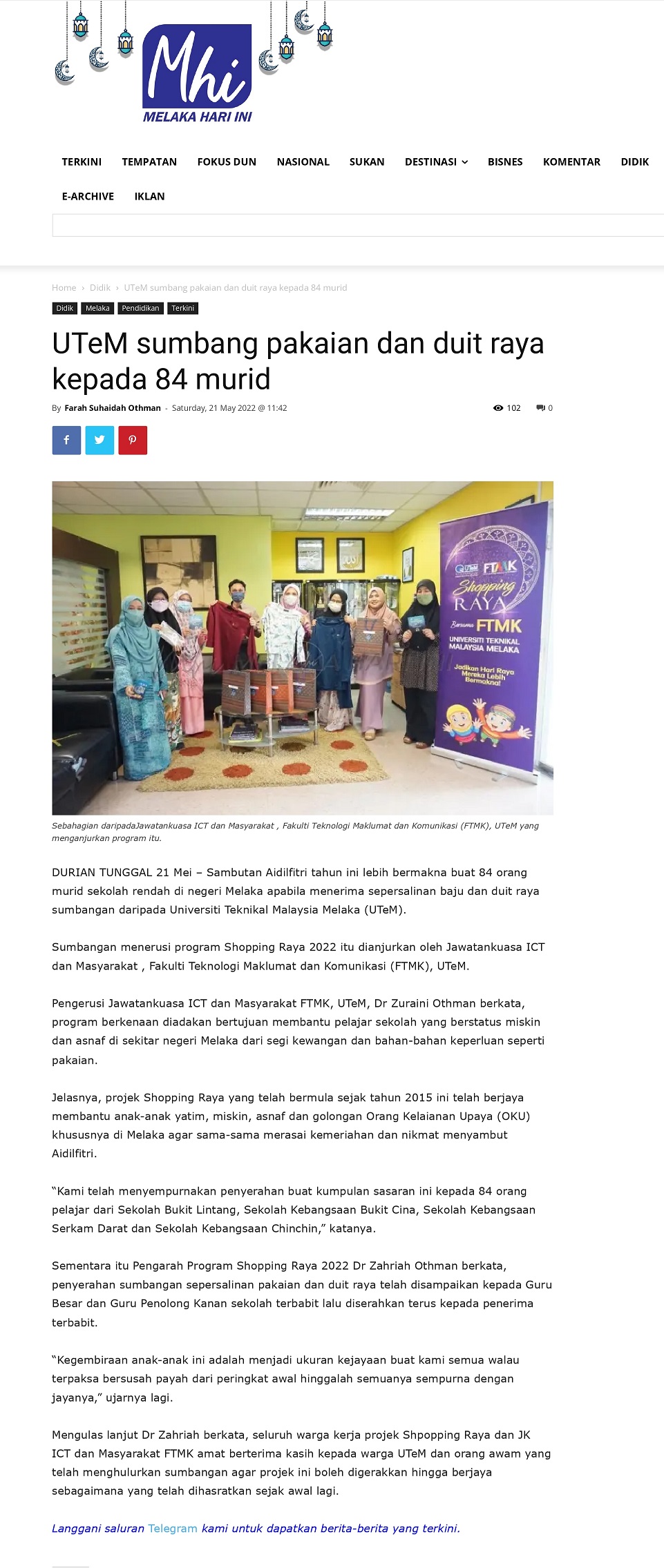 UTeM sumbang pakaian dan duit raya kepada 84 murid