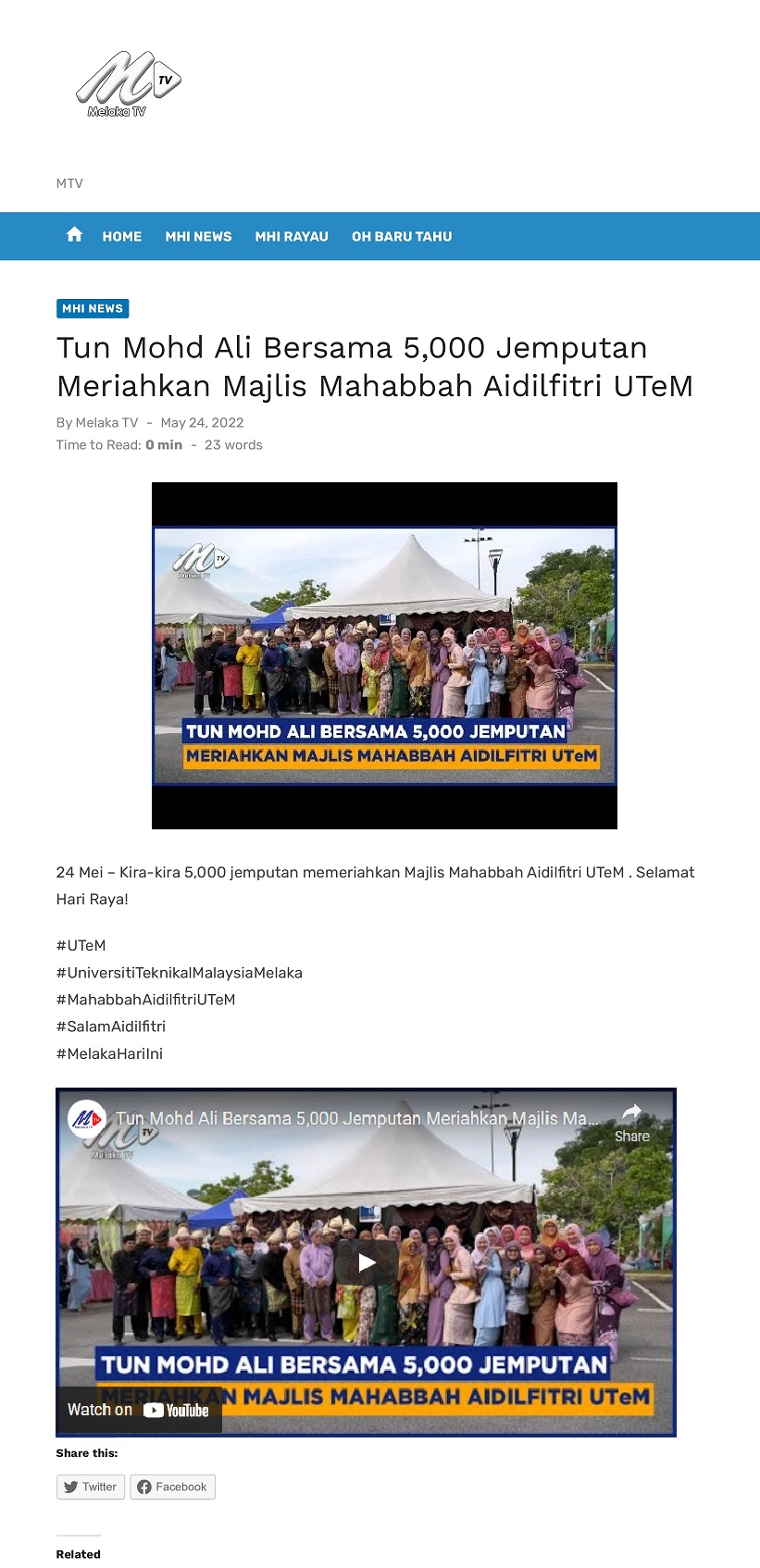 Tun Mohd Ali Bersama 5,000 Jemputan Meriahkan Majlis Mahabbah Aidilfitri UTeM