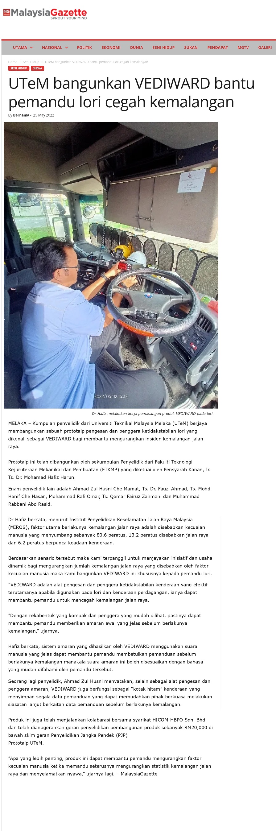 UTeM bangunkan VEDIWARD bantu pemandu lori cegah kemalangan