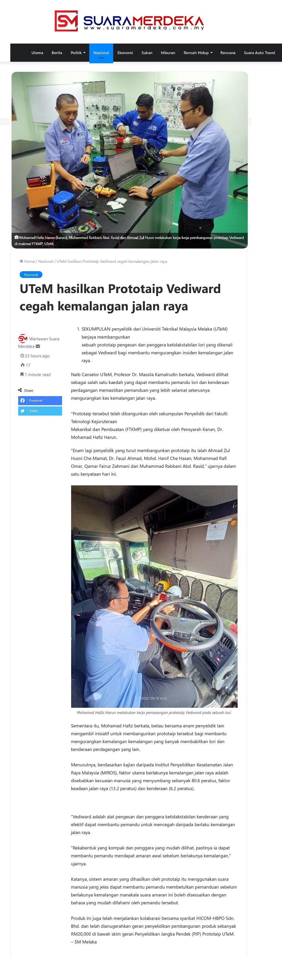 UTeM hasilkan Prototaip Vediward cegah kemalangan jalan raya