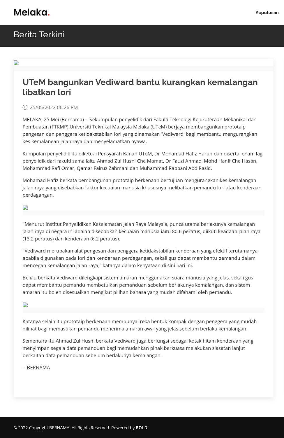 UTeM bangunkan Vediward bantu kurangkan kemalangan libatkan lori