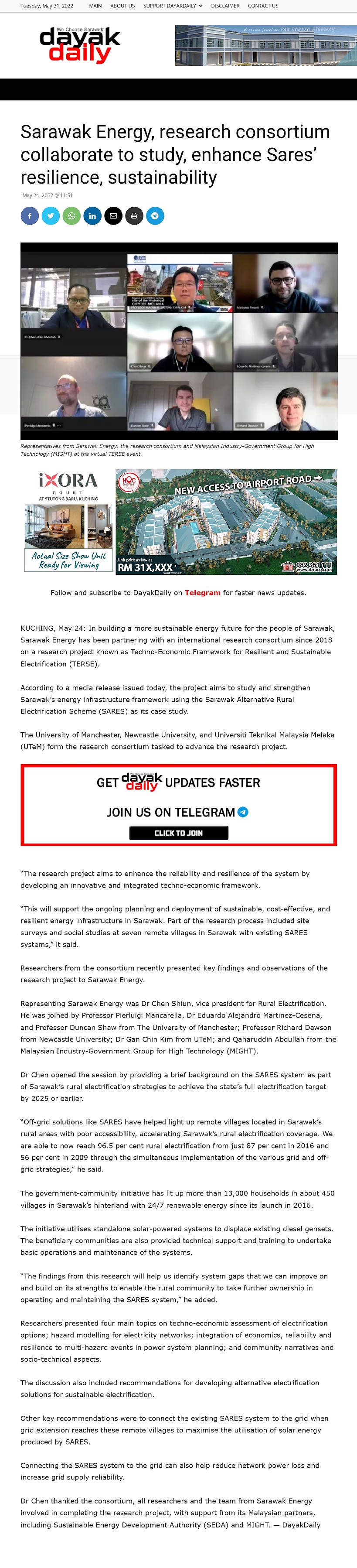 Sarawak Enerdy, research consortium collaborate to study, enhance Sares’ resilience, sustainability