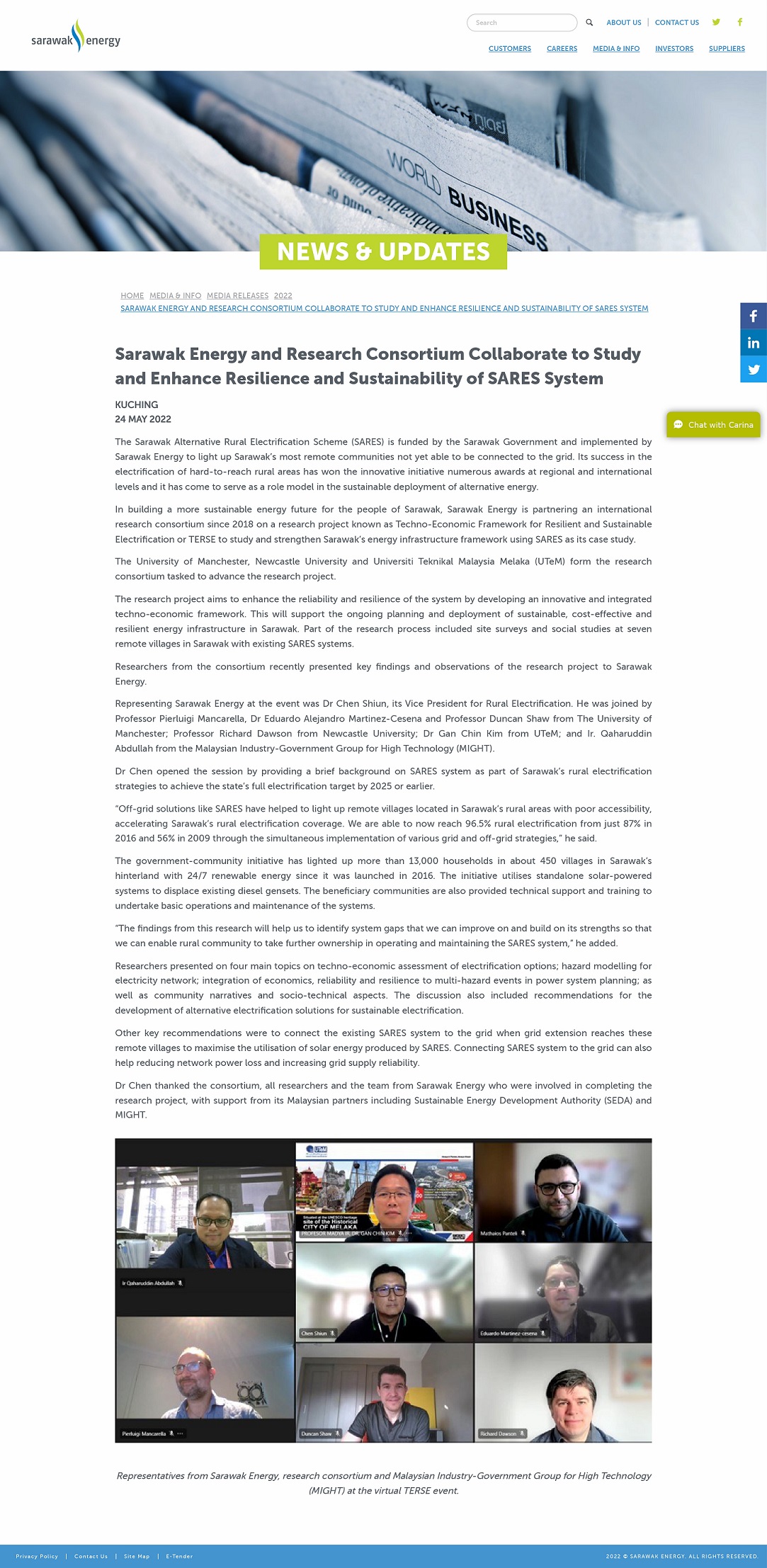 Sarawak Energy and Research Consortium Collaborate to Study and Enhance Resilience and Sustainability of SARES System