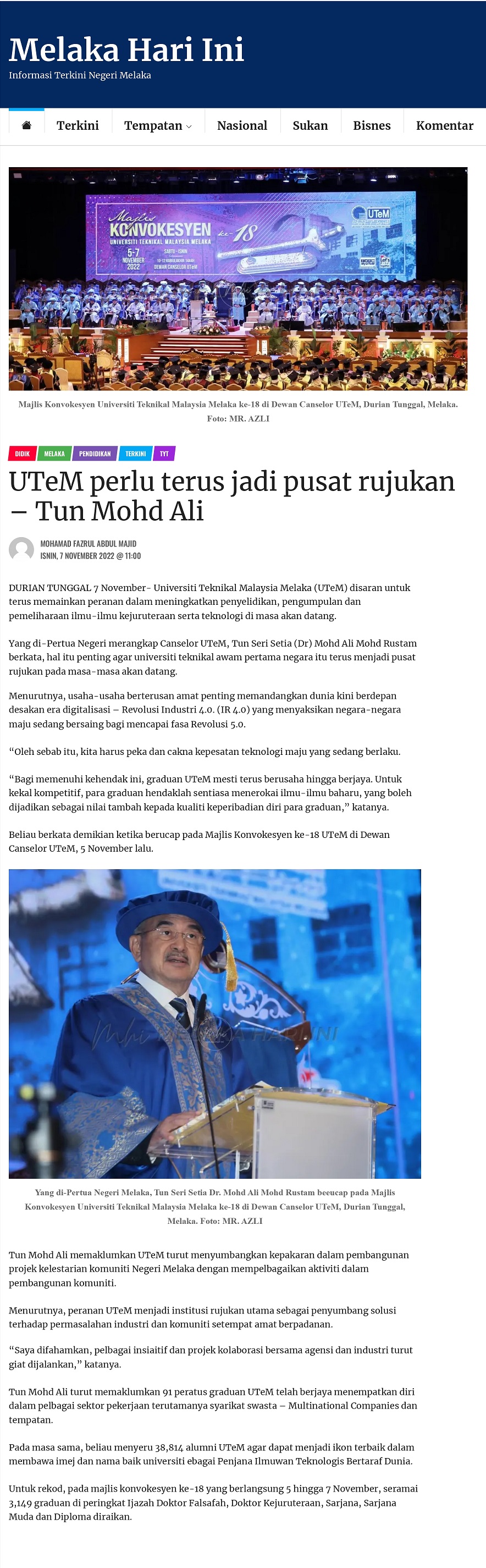 UTeM perlu terus jadi pusat rujukan – Tun Mohd Ali