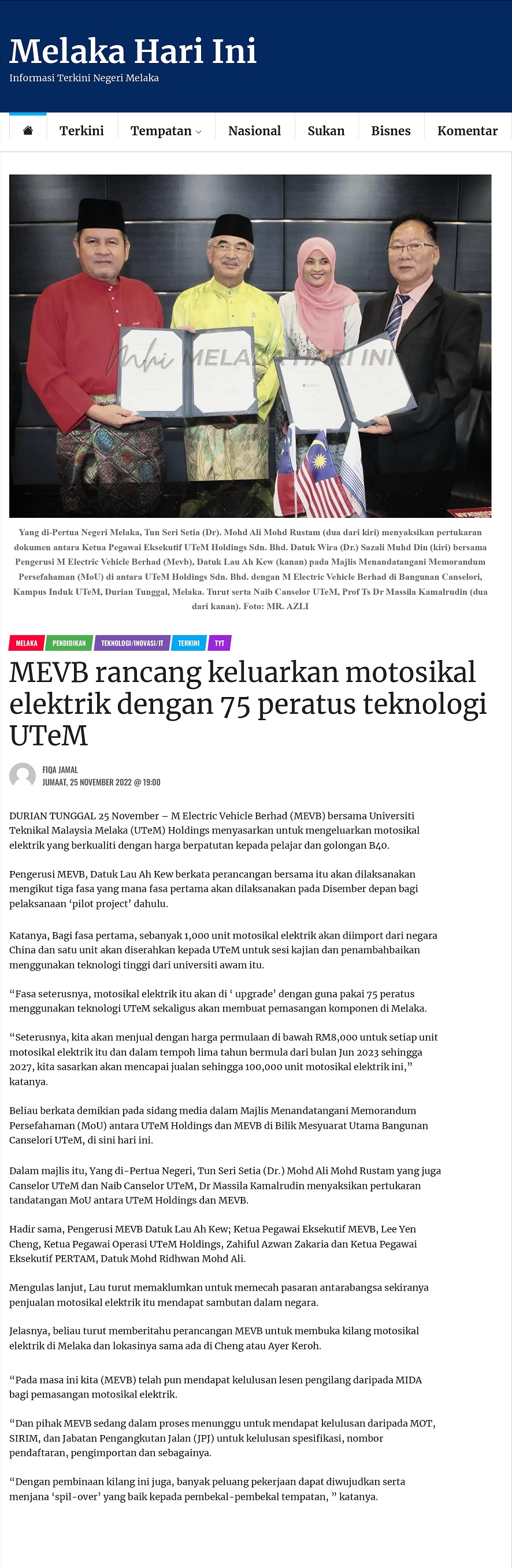 MEVB rancang keluarkan motosikal elektrik dengan 75 peratus teknologi UTeM