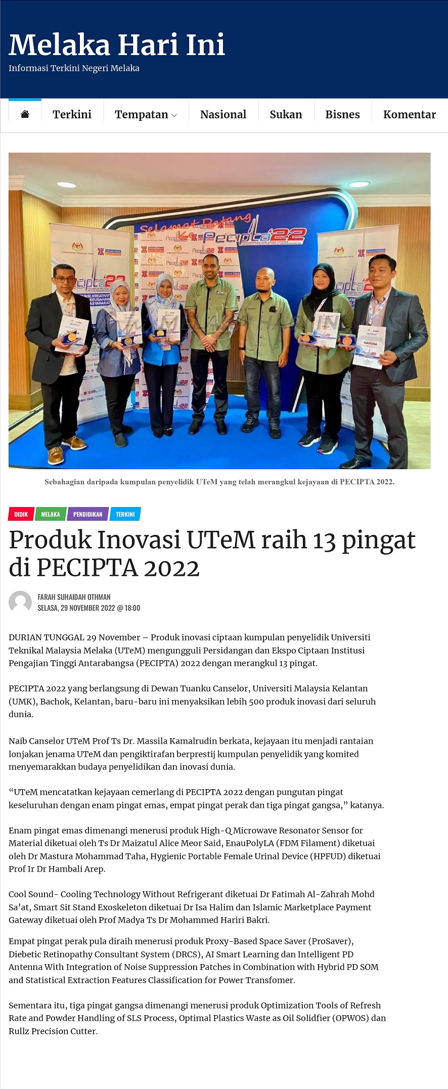 Produk Inovasi UTeM raih 13 pingat di PECIPTA 2022