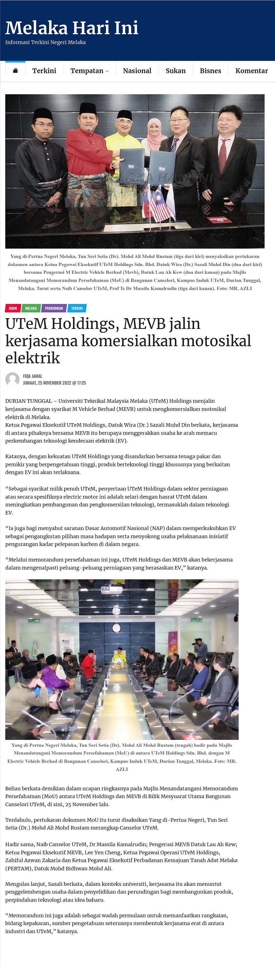 UTeM Holdings, MEVB jalin kerjasama komersialkan motosikal elektrik