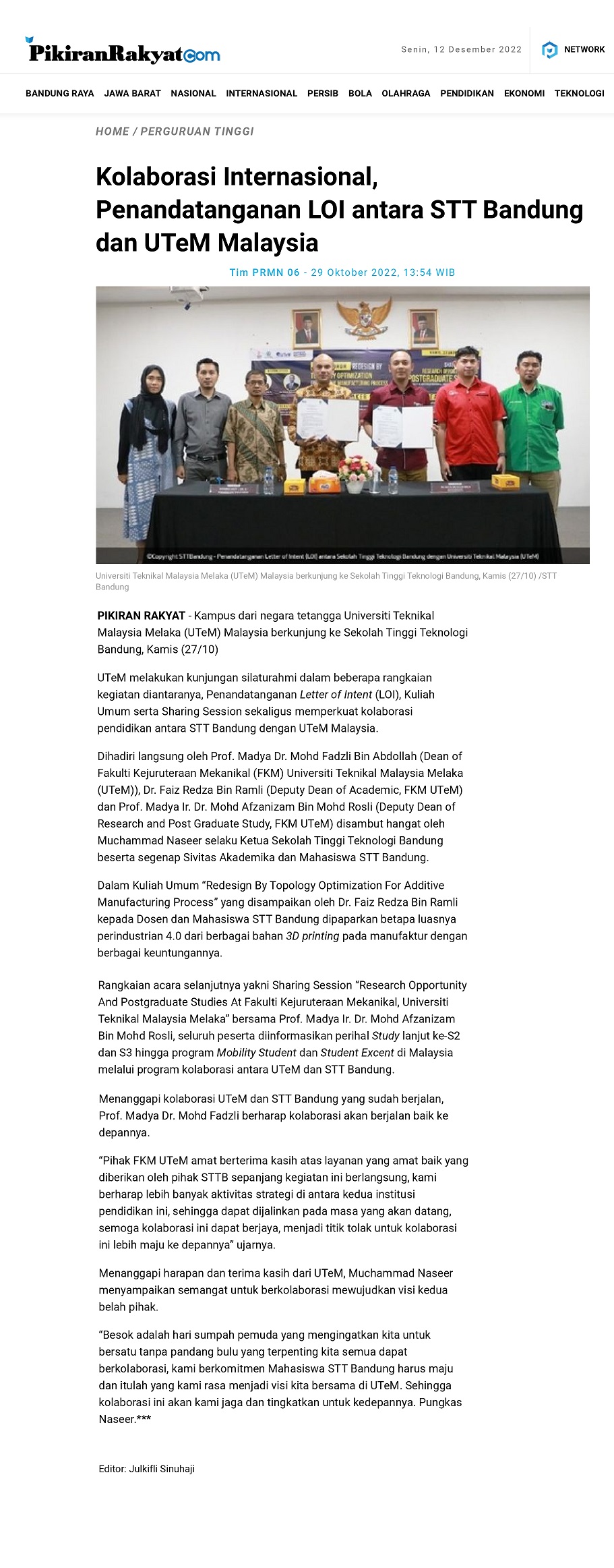 Kolaborasi Internasional, Penandatangan LOI antara STT Bandung dan UTeM Malaysia